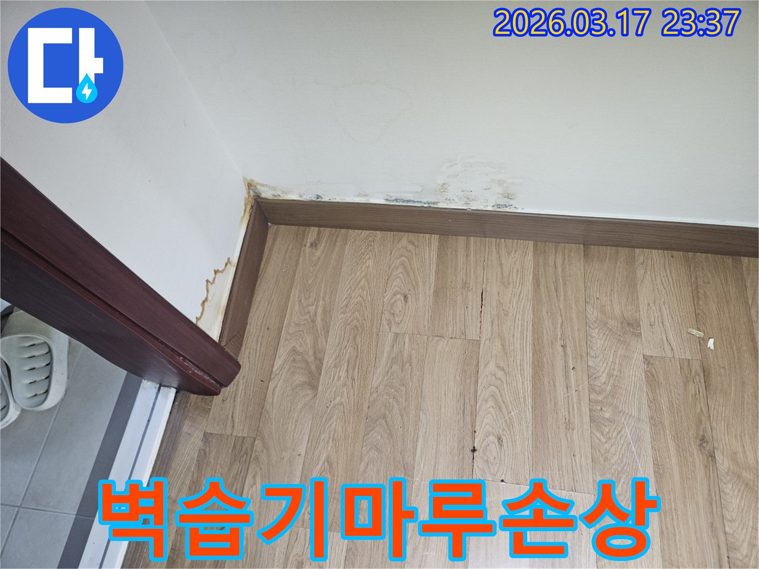 아파트 벽면 습기와-마루 손상이-발생한-누수 현장-사진입니다