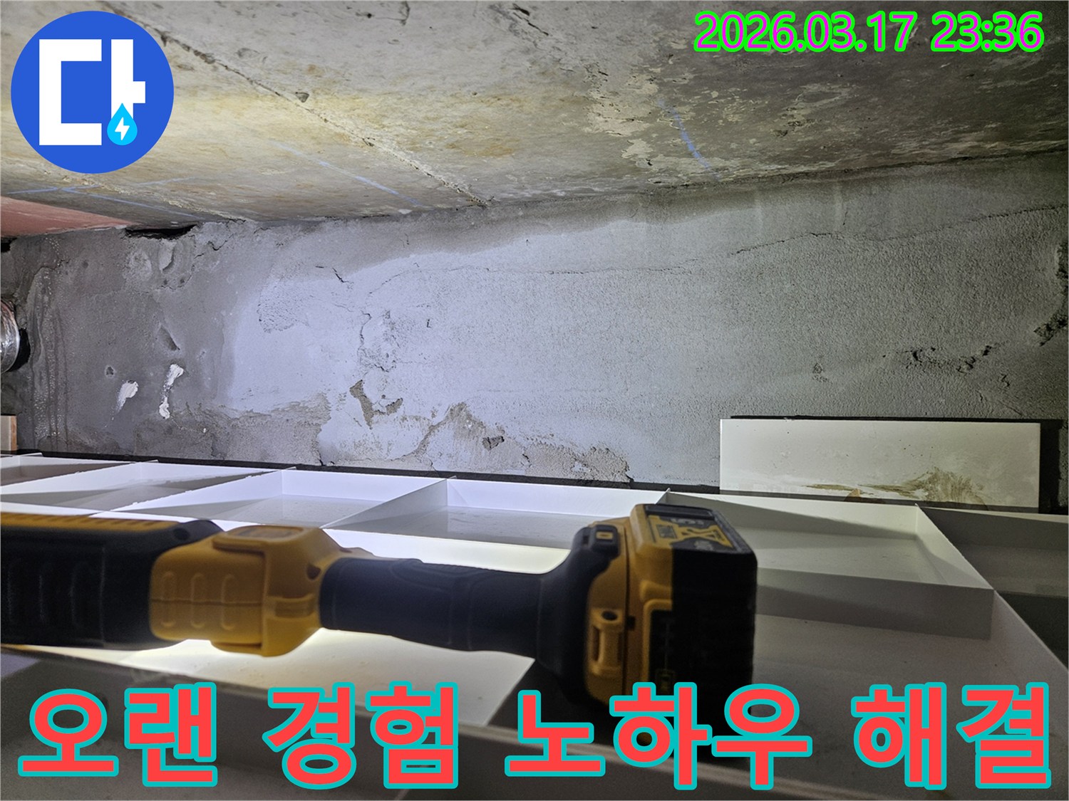 오랜 노하우를 가진-누수 전문 엔지니어가-천장 누수 현장에서-정확한 진단을 진행하고 있습니다.