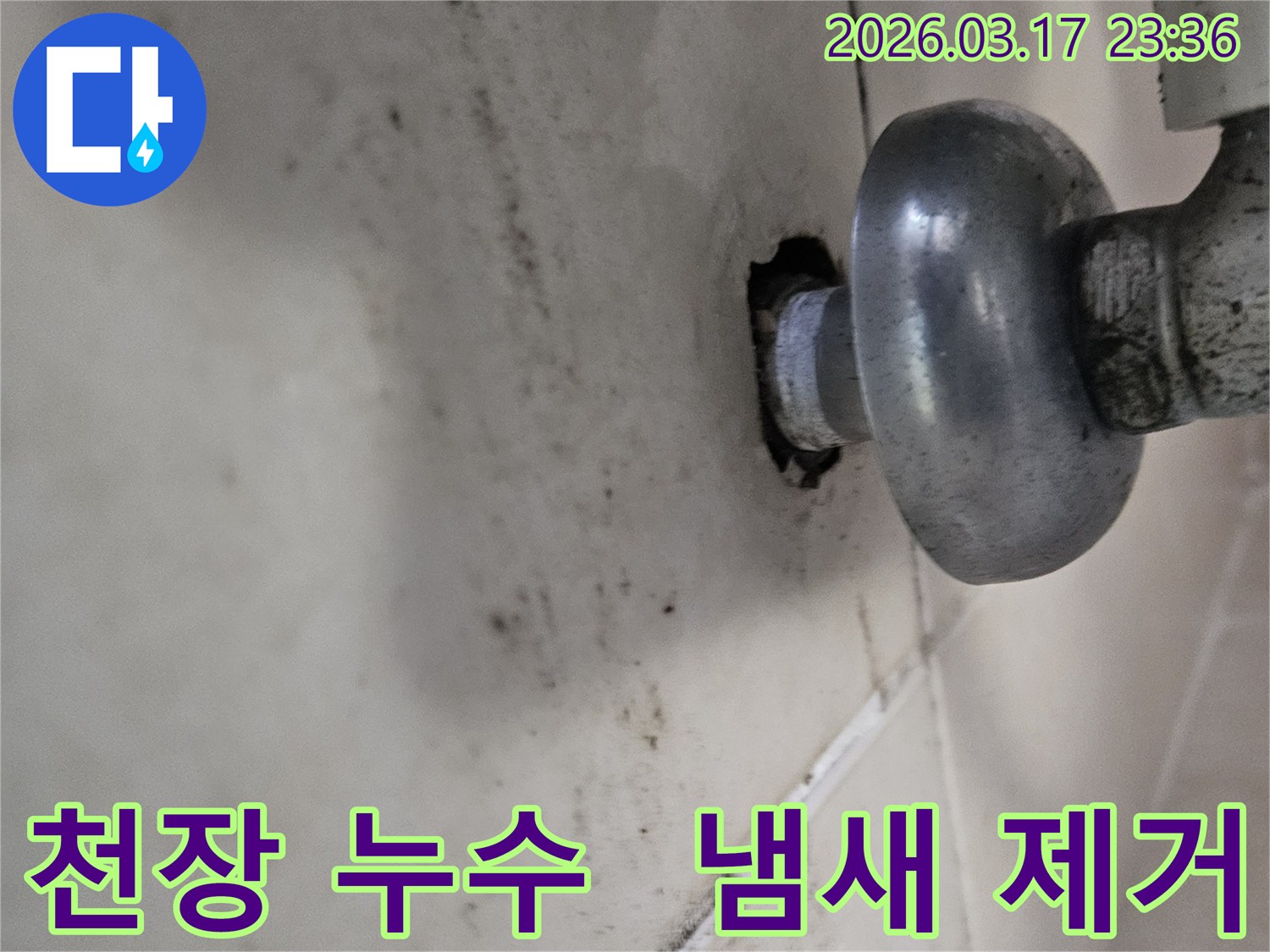 천장-배관에서-발생한-누수로-인해-오염된-벽면과-냄새-제거까지-완벽-케어가-필요한-배관-모습