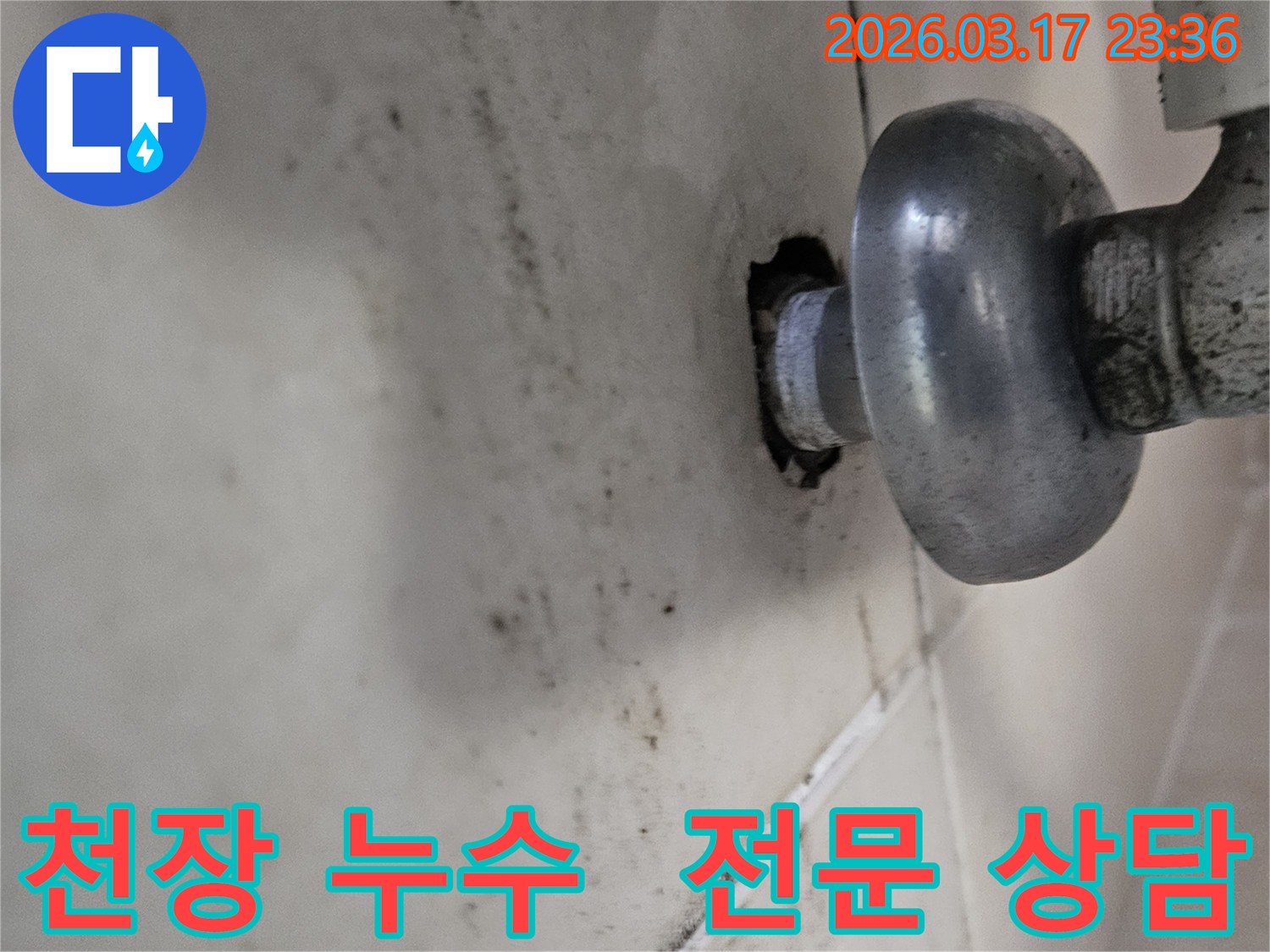 천장-배관에서-발생한-누수로-인해-오염된-벽면과-전문적인-상담이-필요한-배관-모습