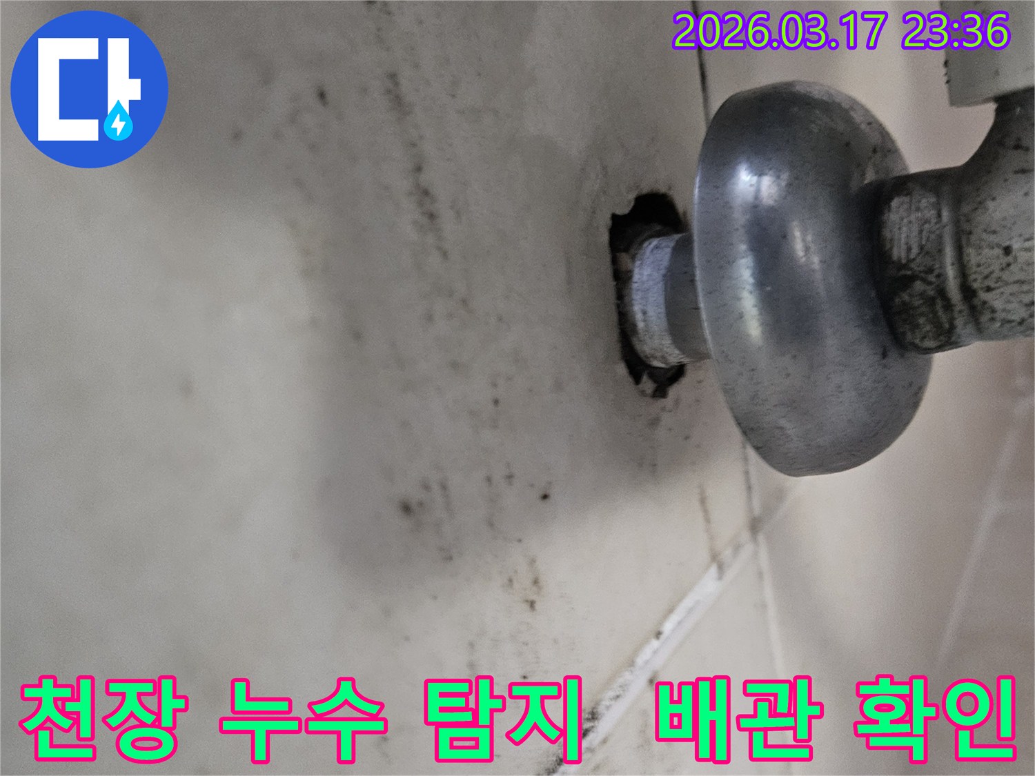 천장-배관에서-발생한-누수로-인해-오염된-벽면과-정확한-탐지가-필요한-배관-모습