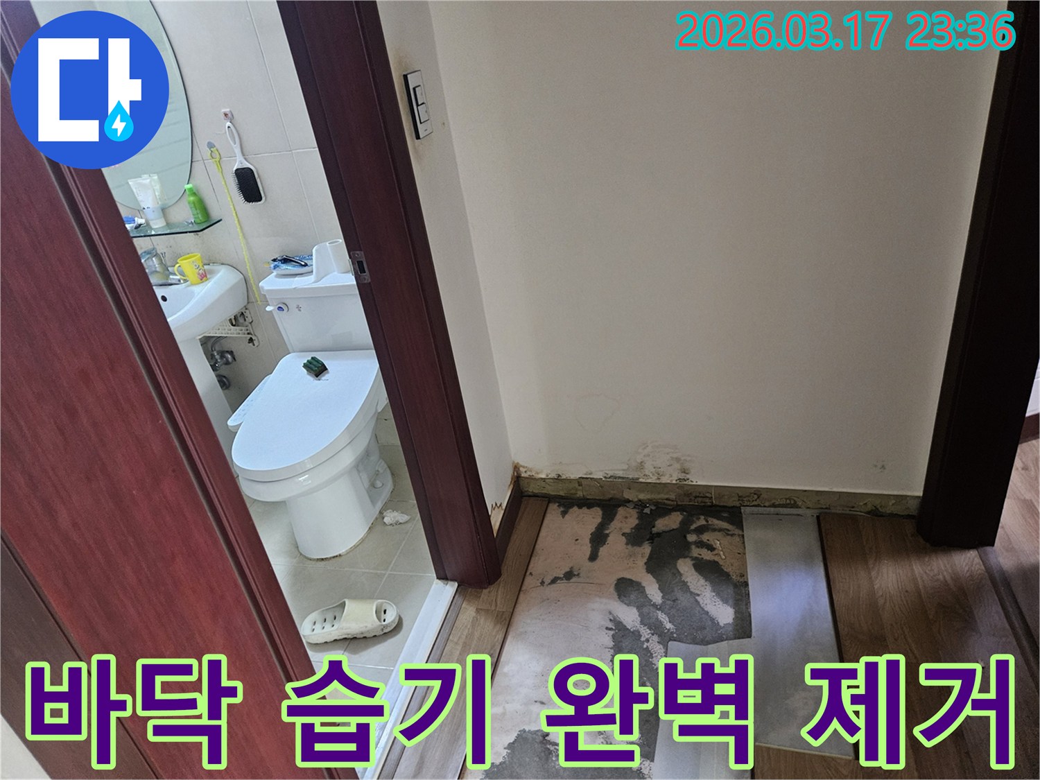 화성 병점 아파트-화장실 입구 바닥에-누수로 인한 습기와-곰팡이가 발생하여-바닥재가 제거된-현장 모습입니다