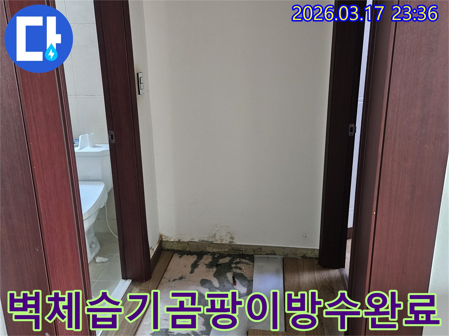 화성시 병점동 빌라 누수 현장에서-벽체 내부 습기와 곰팡이를 제거하고-방수층을 재시공하기 위해-벽을 개방한 모습입니다.