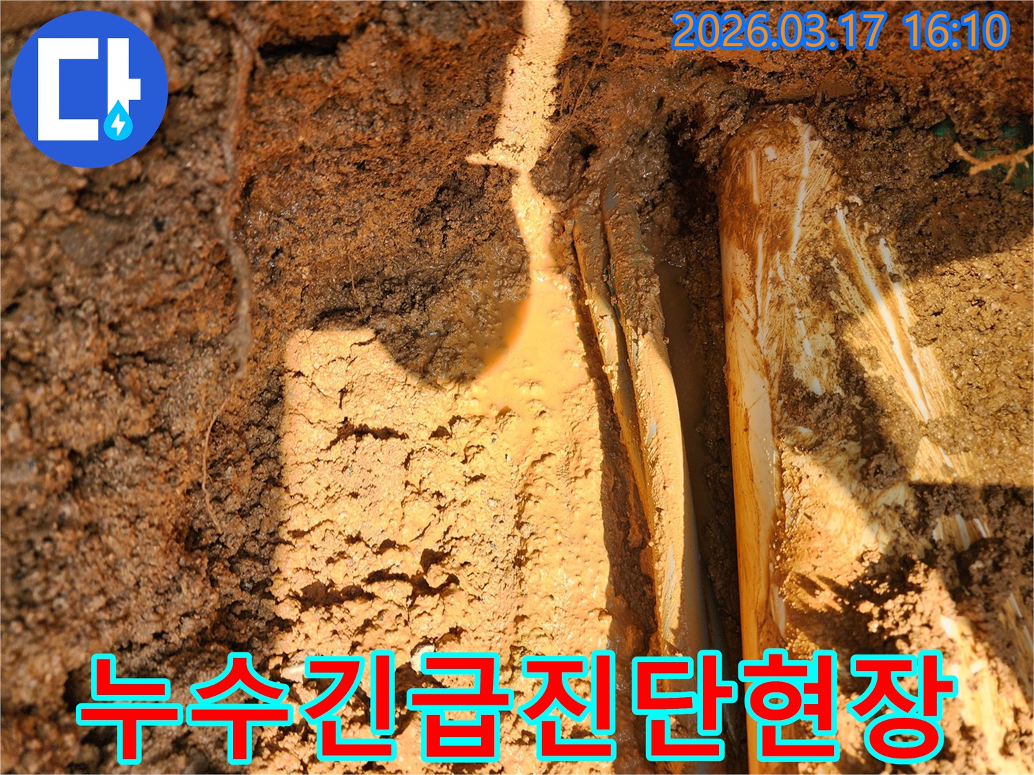 흙속에-묻힌-배관에서-물이-새어나와-주변-흙이-젖어있는-누수-현장-사진입니다