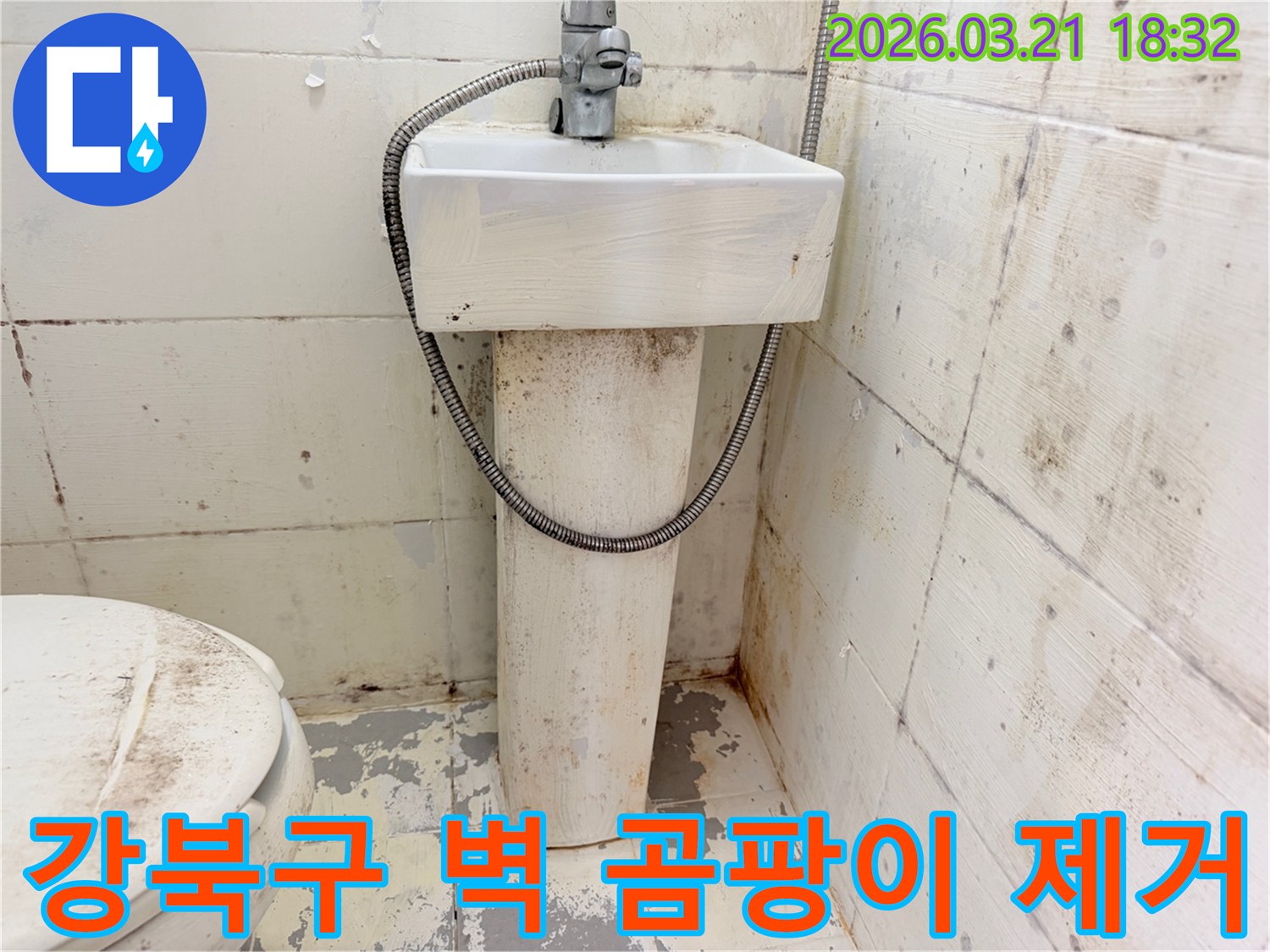 이 사진은-오래된 욕실 벽면에-심하게 번식한 곰팡이를-보여주며-전문적인 제거와-재발 방지 솔루션이-시급함을 나타냅니다