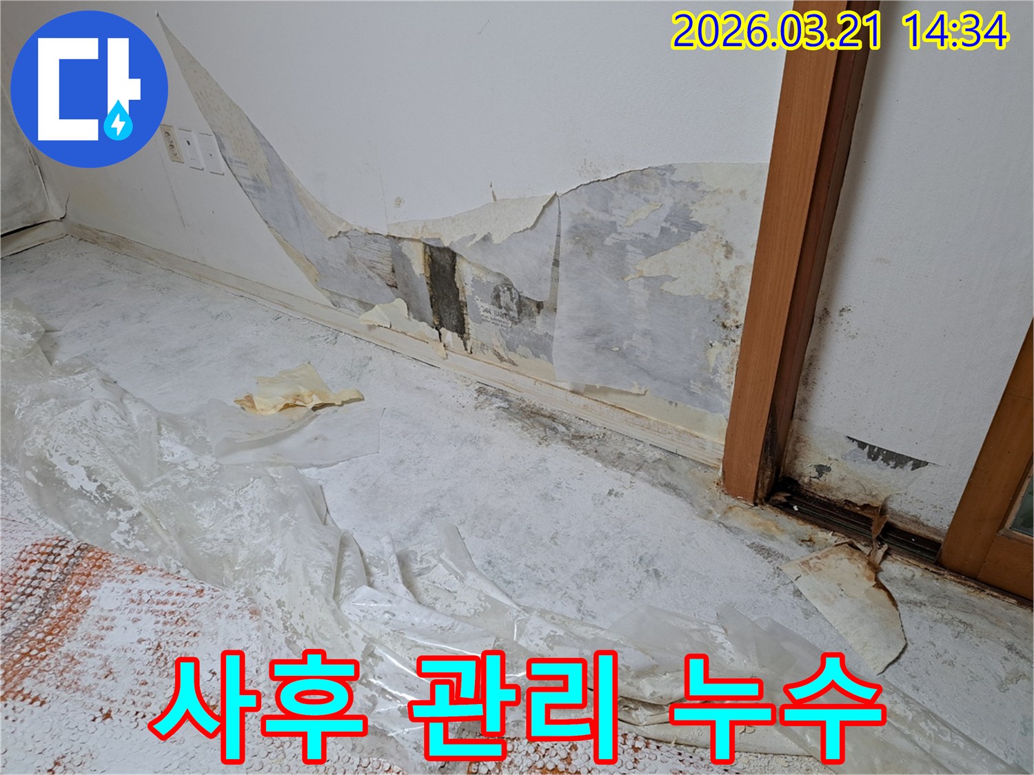 누수로-인해-벽지가-손상되고-꼼꼼한-사후-관리가-필요한-현장을-보여주는-사진