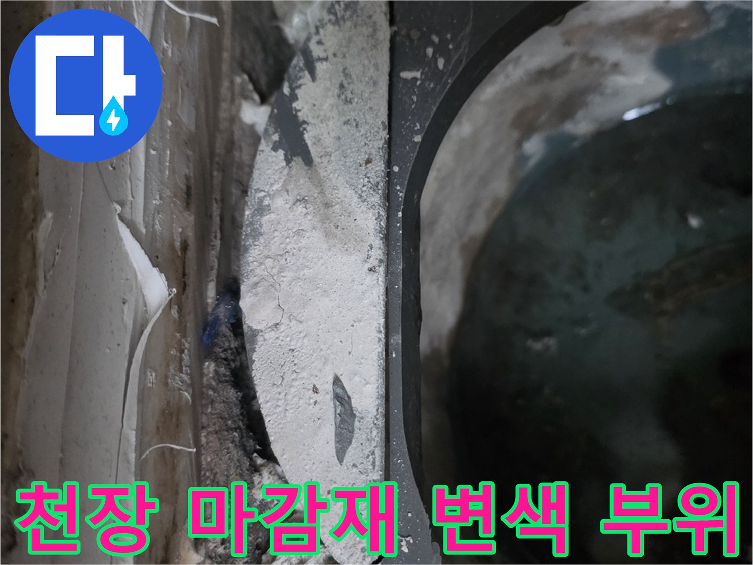 누수로 인해 젖어있는 천장 내부의 구조물과 오염된 단면