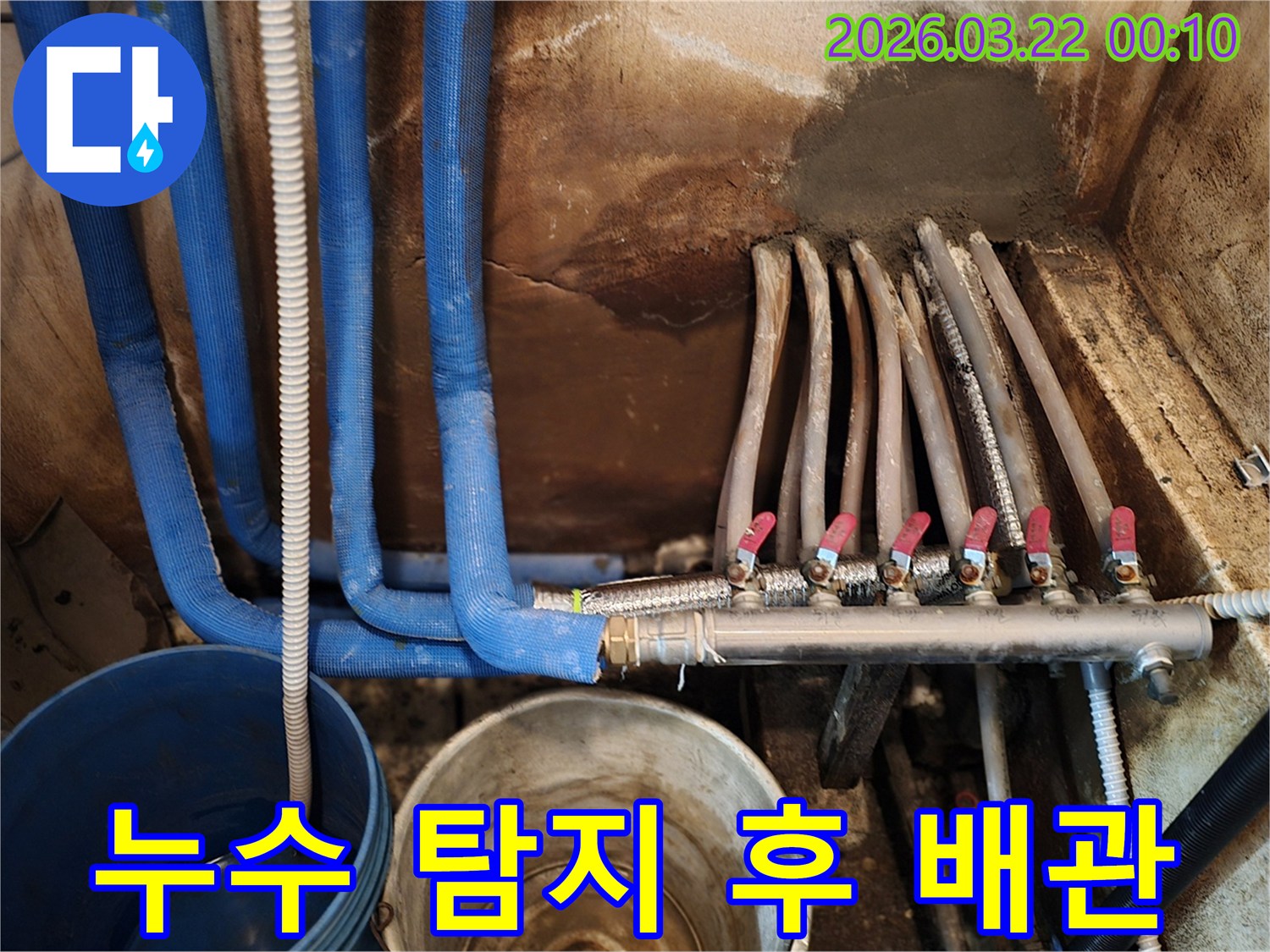 파란색 보온재로 감싸진 배관과- 여러 개의 밸브가 달린 분배기- 그리고 누수로 인해 물을 받고 있는 양동이가 함께 찍힌 사진입니다.