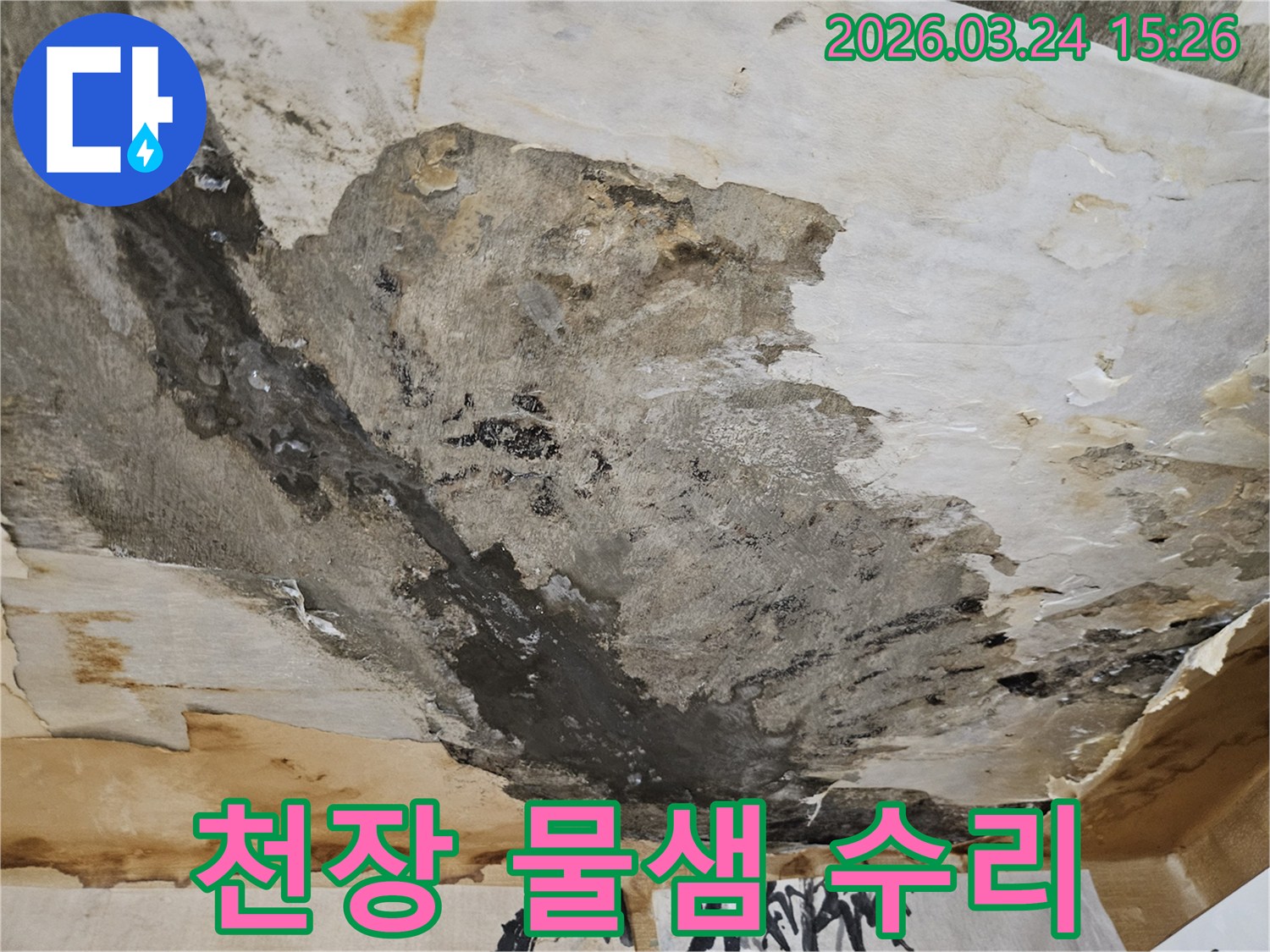 천장에서-물이-새어-벽지가-손상되고-얼룩진-상태로-누수-복구가-필요한-현장입니다