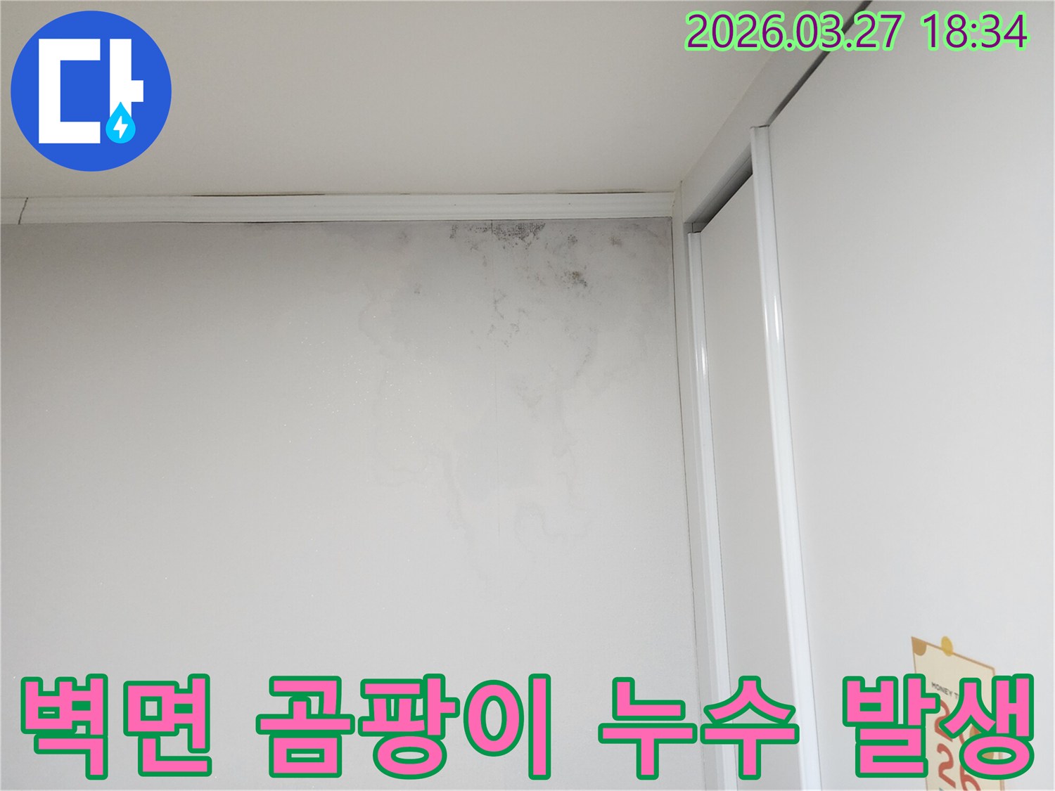 벽면-상단에-누수로-인해-발생한-물-얼룩과-검은-곰팡이-모습을-담은-사진입니다