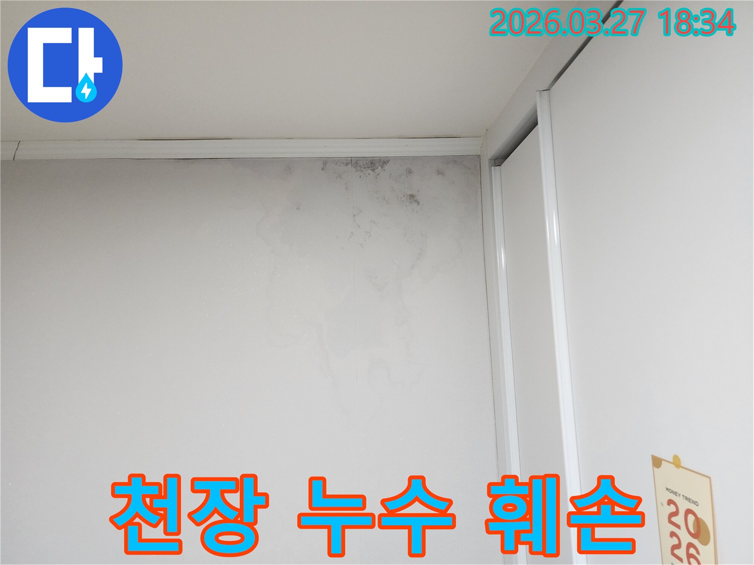 천장-근처-벽지에-발생한-누수-흔적과-함께-번진-곰팡이-모습을-촬영한-사진입니다
