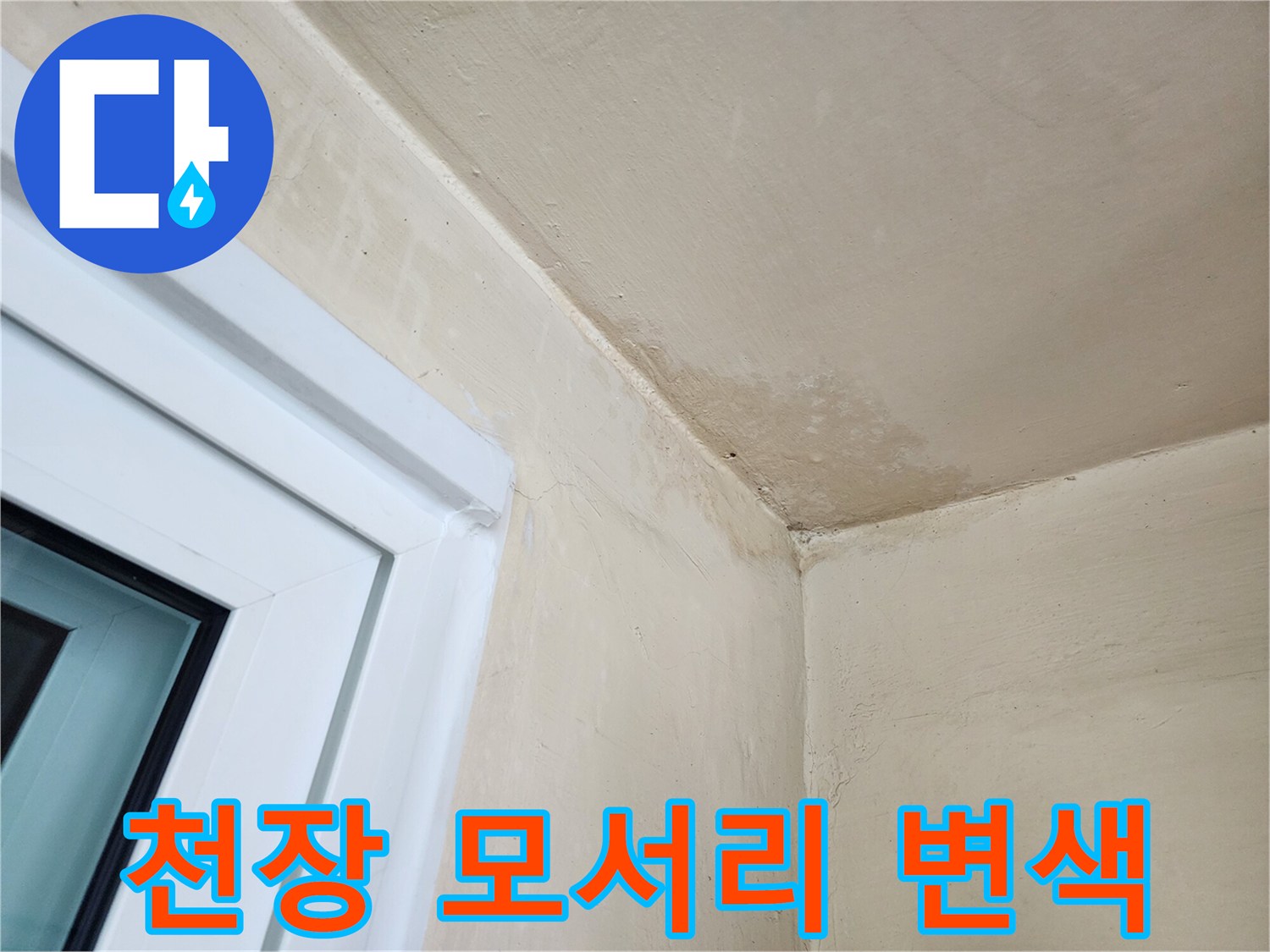 습기로 인해 변색된 다용도실 천장과 창틀 주변의 상태