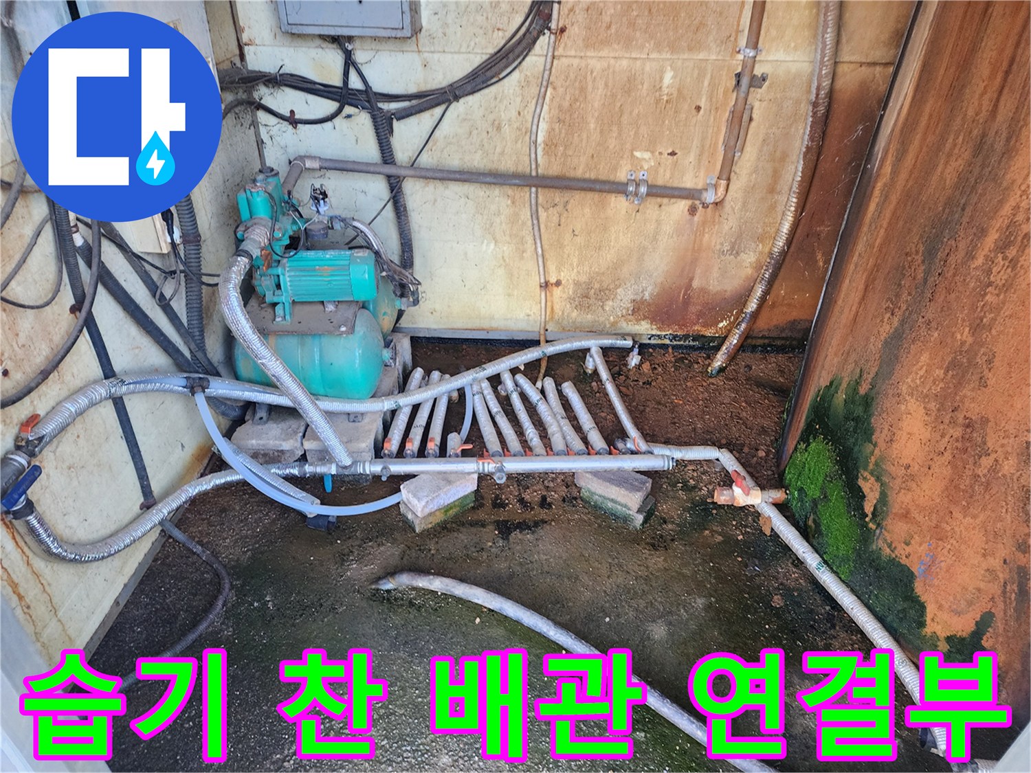 물기가 머문 배관 부위-변색된 벽면과 젖은 바닥 현장