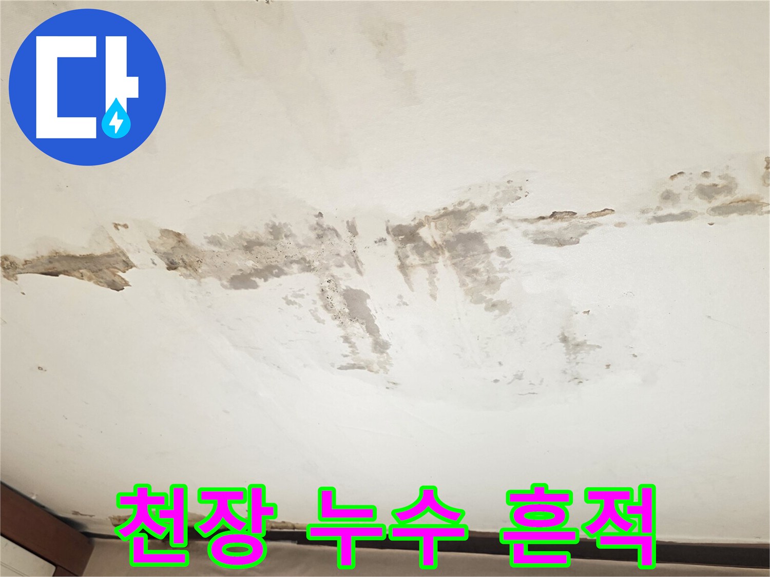 물샘 현상으로 인해 넓게 번진 천장의 얼룩 및 습기 부위