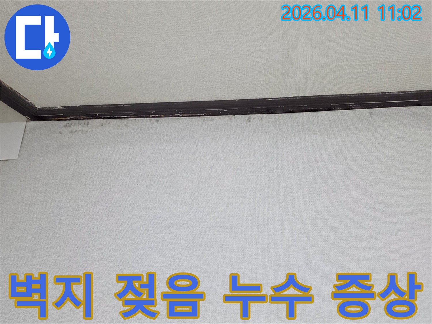 천장과-벽면-경계에-나타난-어두운-물자국과-곰팡이로-인한-벽지-손상-사진입니다