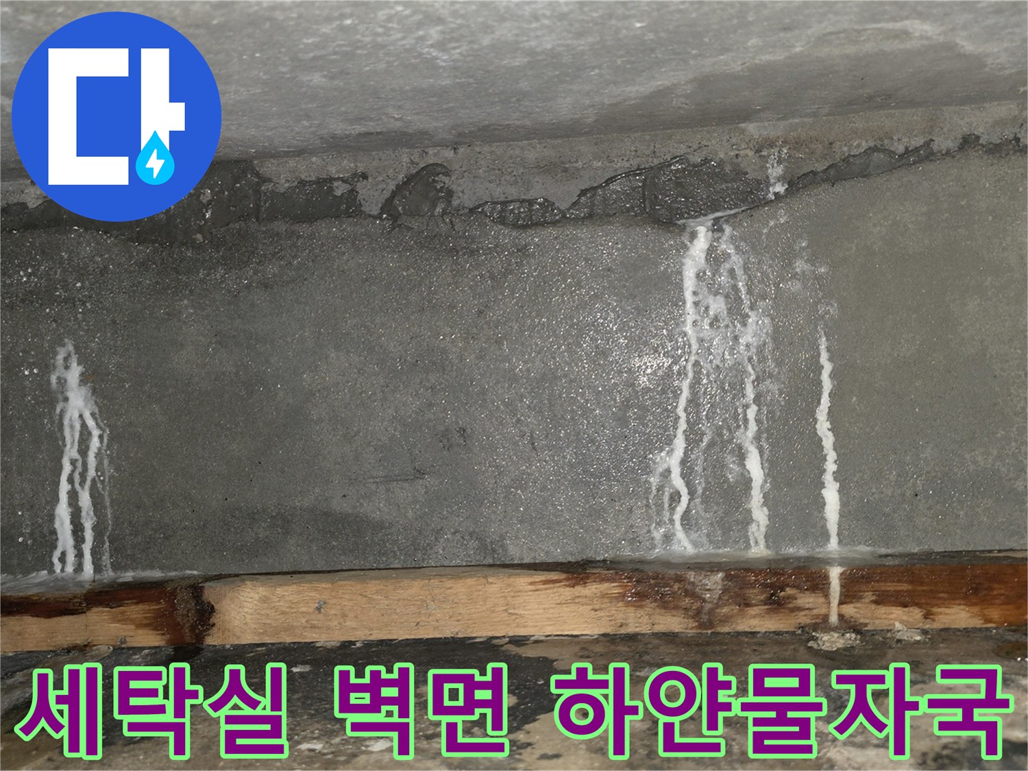 세탁실-콘크리트-벽면에-발생한-하얀색-백화현상과-누수-흔적