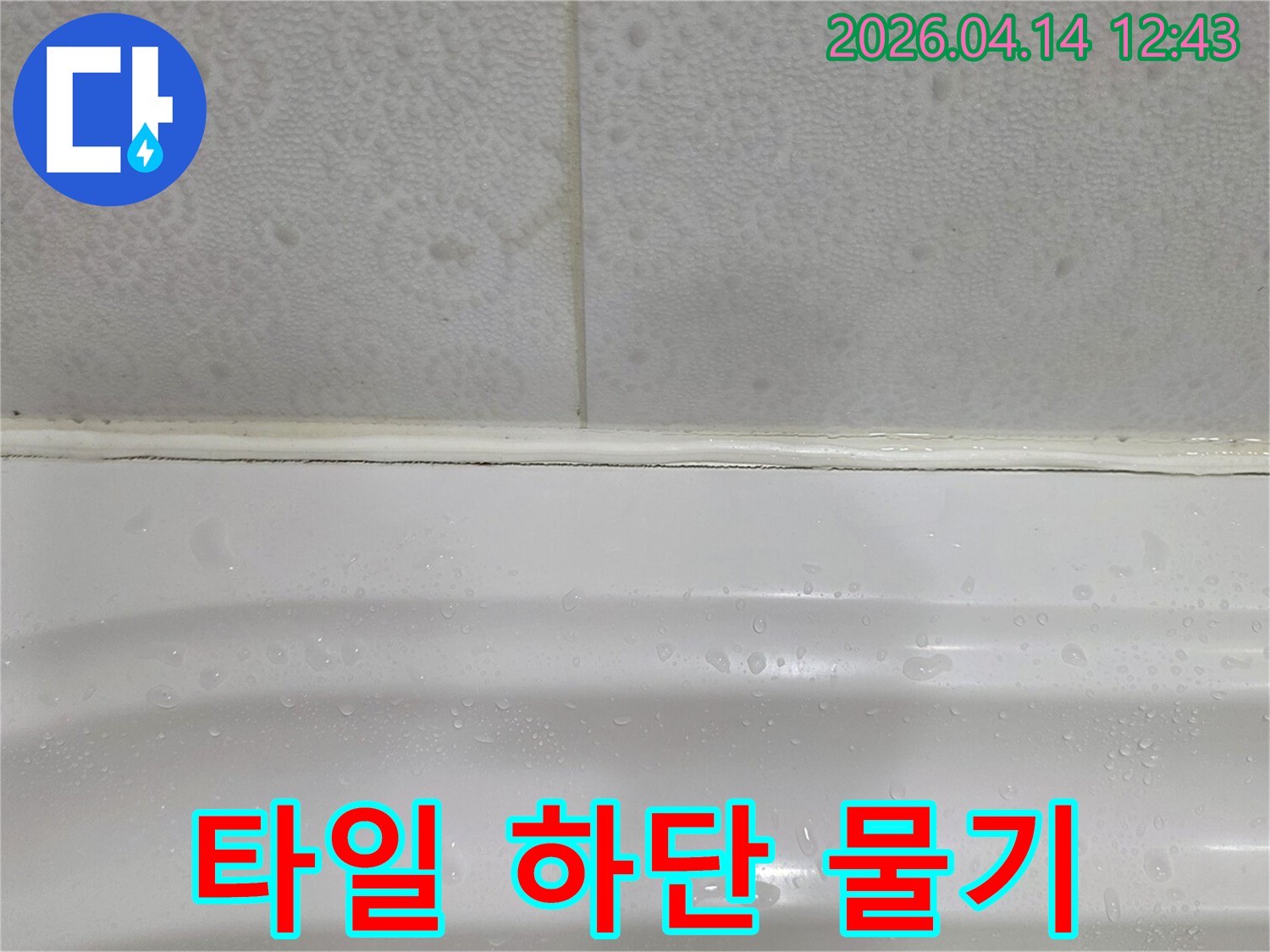 욕실-벽면-타일-하단에-물기가-맺히고-곰팡이가-보이는-누수-현장-사진입니다