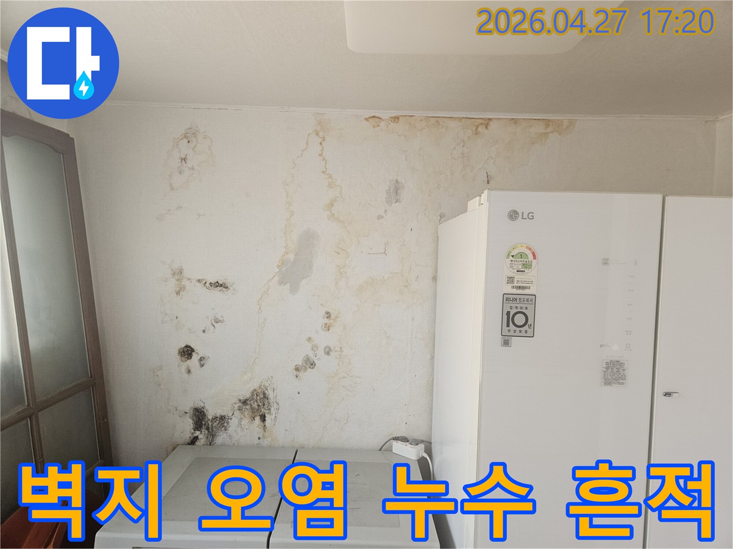 벽면에-발생한-누수로-인한-심각한-벽지-오염과-곰팡이-번식-현장
