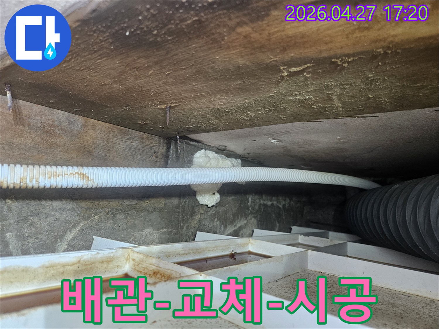 욕실-천장-누수-현장에서-배관-교체-시공을-위해-준비하는-전문가의-모습