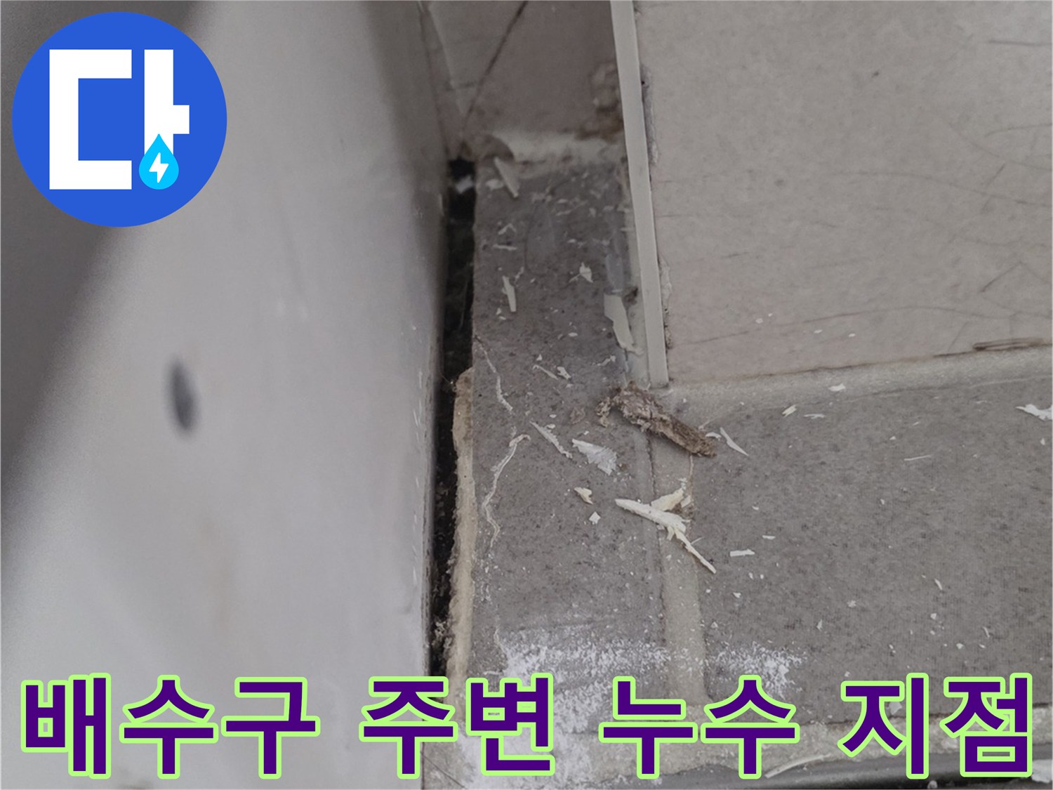 김포 풍무동 화장실 배수구 주변의 젖은 타일과 유가 틈새 상태