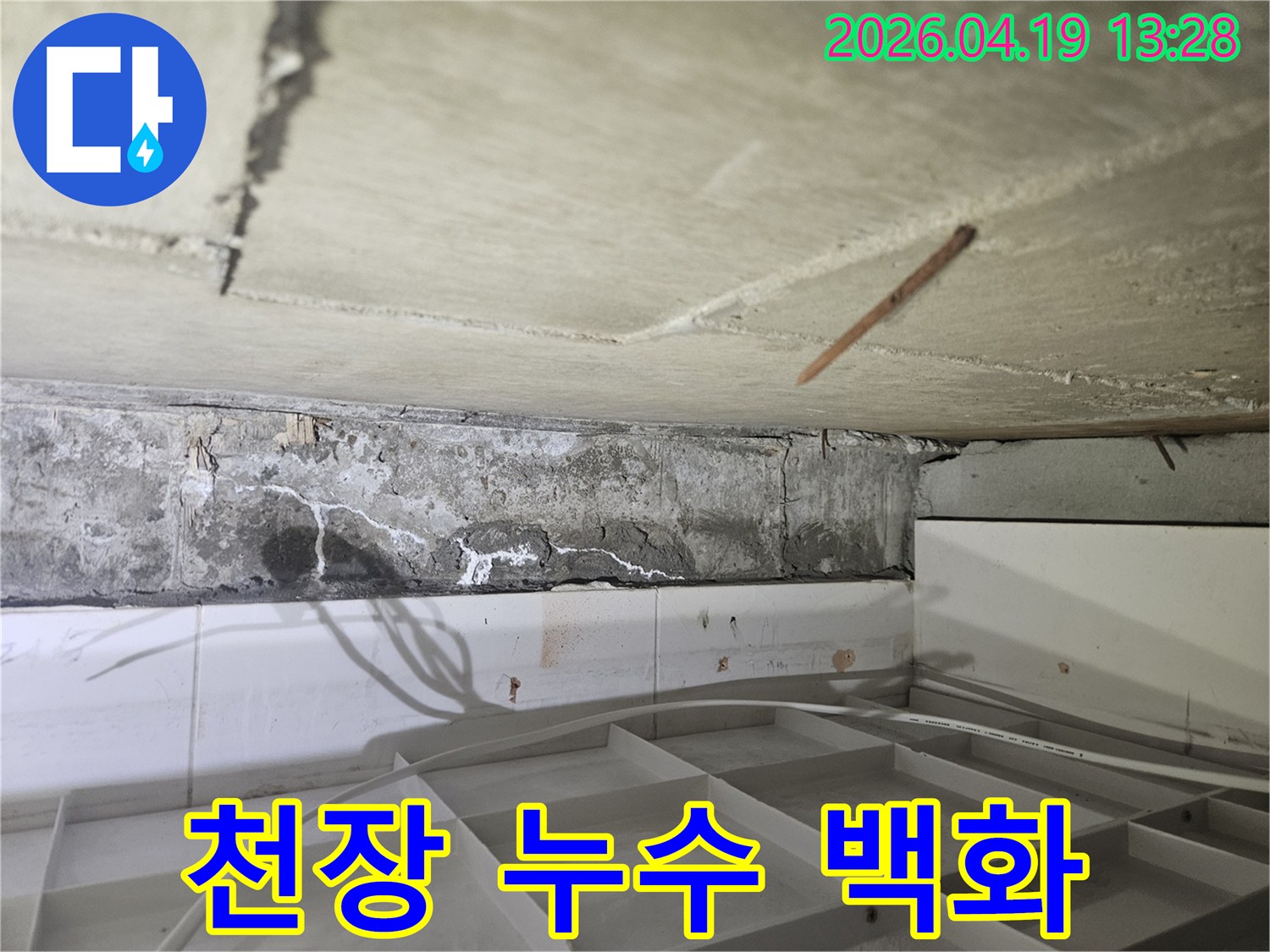 콘크리트 천장-모서리에서-발견된-누수-흔적-백화현상-그리고-균열-모습