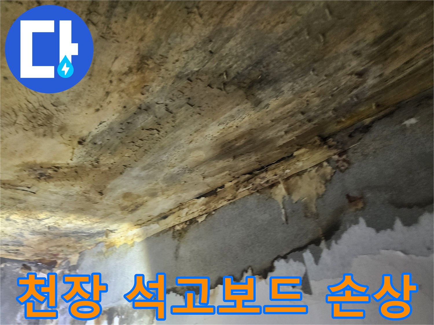 누수로-인해-천장의-석고보드가-물에-젖어-변형되고-손상된-모습