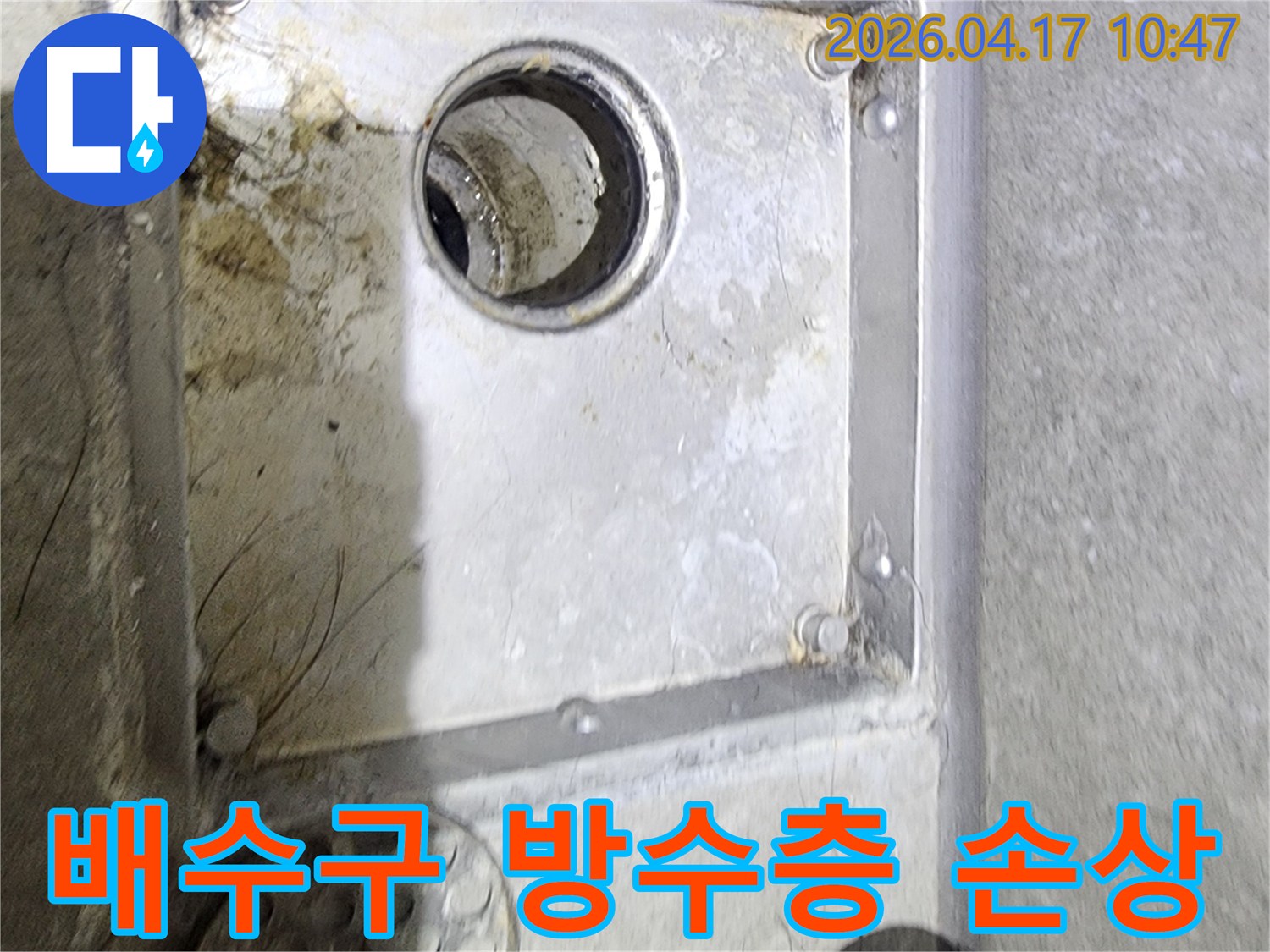 욕실 배수구 주변의-오염과 물때를 통해-방수층 손상으로 인한-누수 가능성을-점검하고 있는 현장입니다