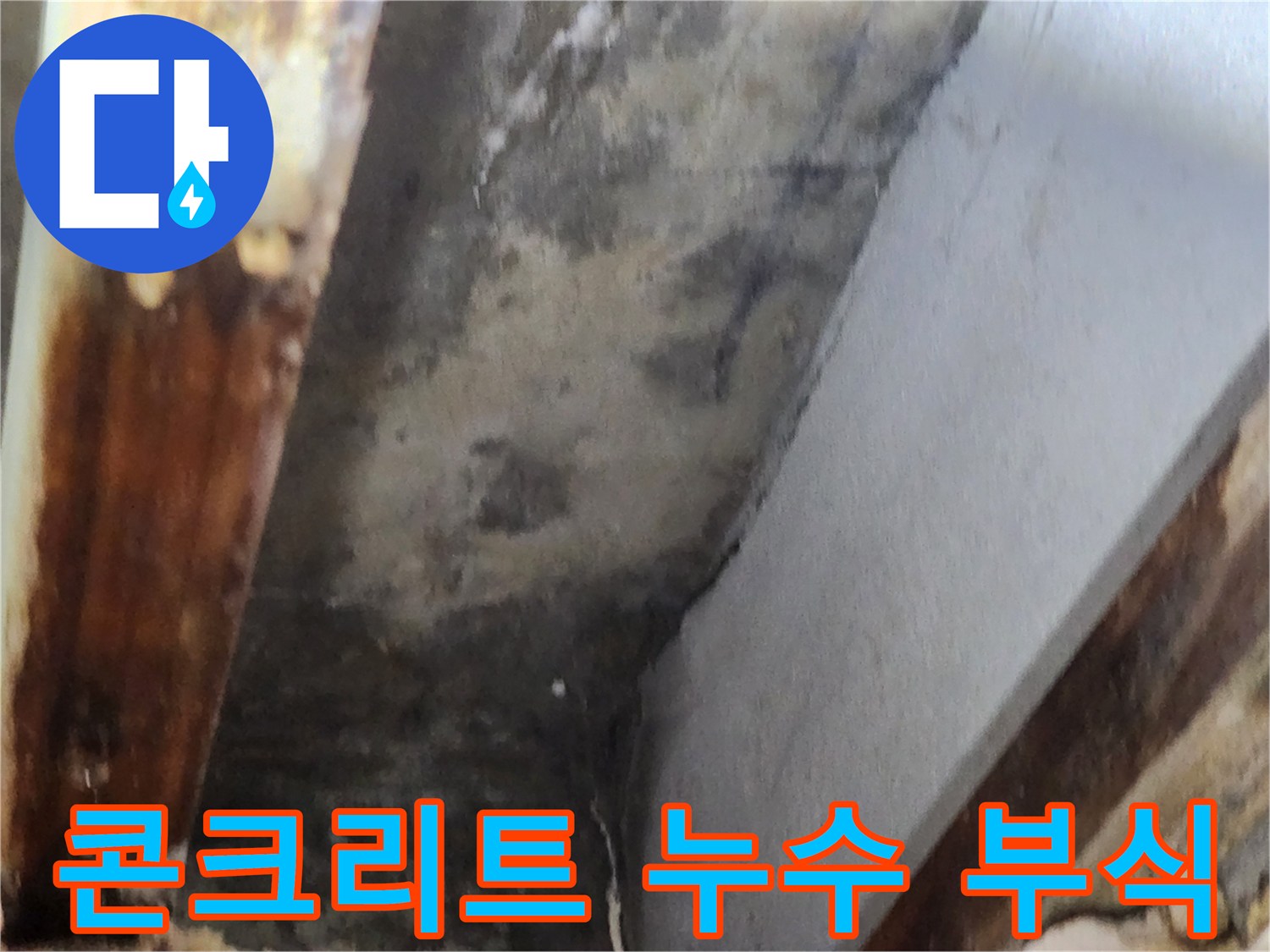 천장 콘크리트 면에 발생한 누수로 인한 부식과-곰팡이 흔적이 선명하게 보이는 이미지입니다