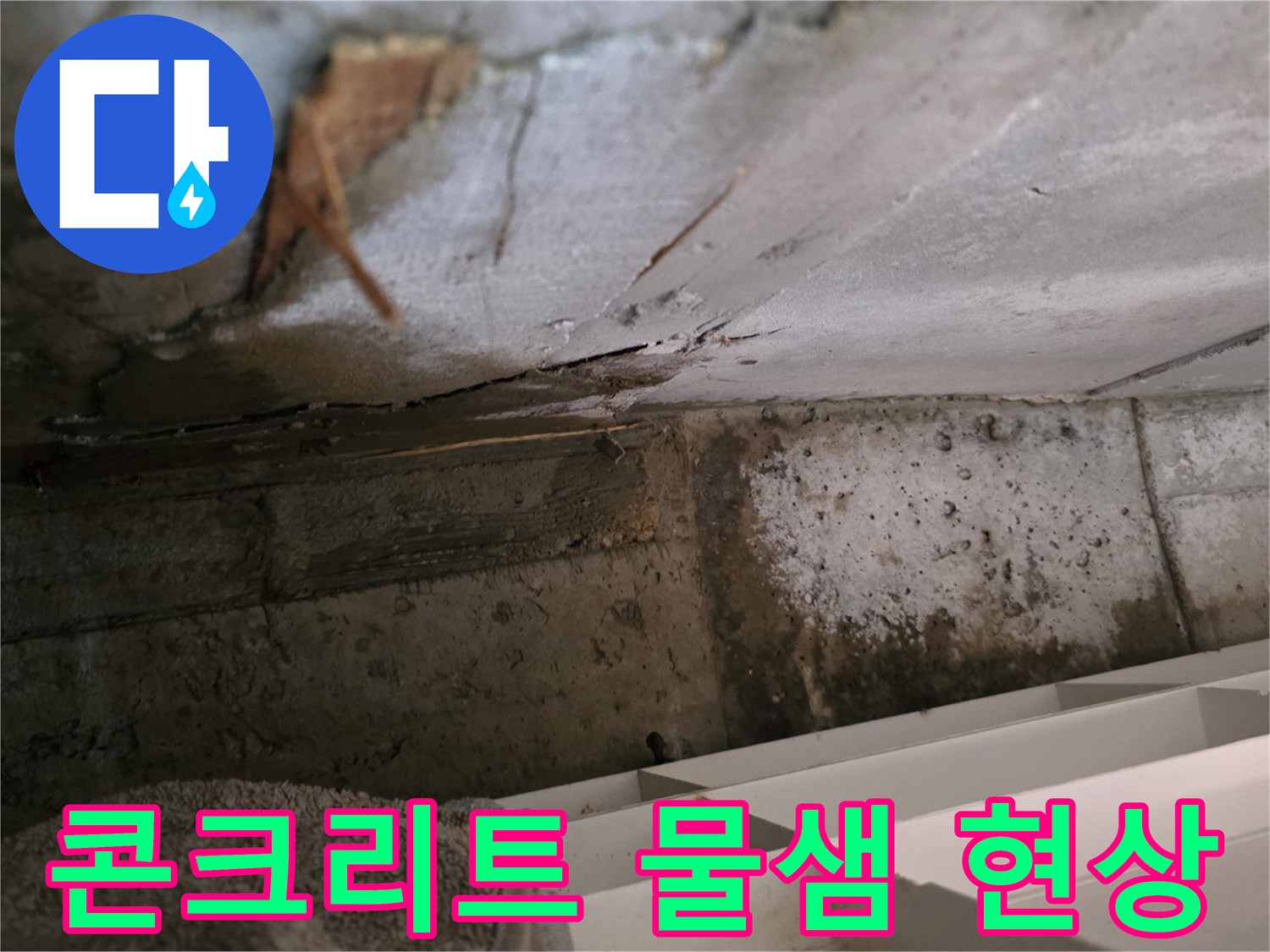 콘크리트 구조물에서-발생한 물샘 현상으로-주변에 습기가-확산되고 있는-누수 지점입니다