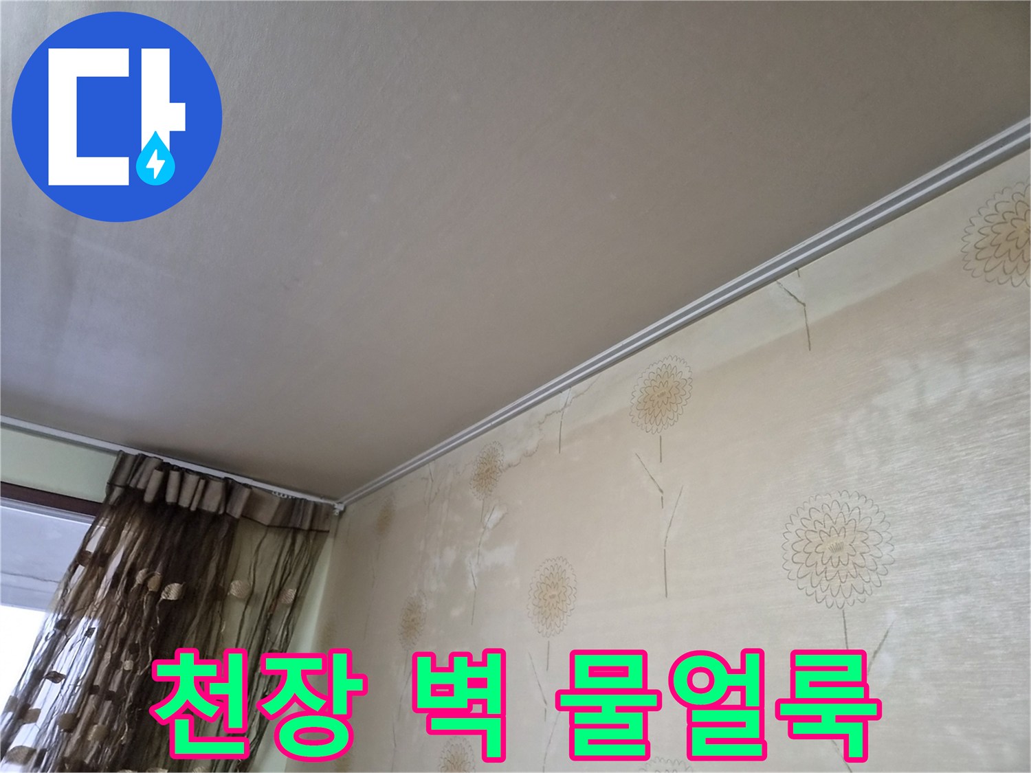 천장과-벽면에-누수로-인한-물얼룩이-광범위하게-퍼져있는-모습을-보여주는-사진