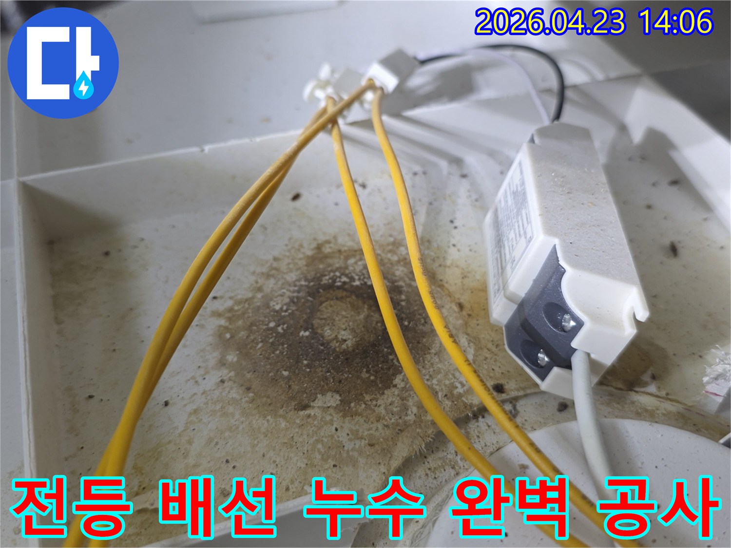 천장 내부 전등 배선 연결 부위에서 발견된 물자국과 흙먼지-오랜 시간 누수로 인해 오염된 상태를 보여줍니다-정확한 누수 지점 파악에 필수적인 증거입니다