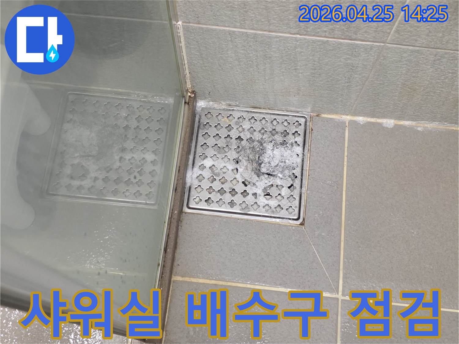 샤워실-배수구-주변에-생긴-하얀-침전물과-타일-줄눈을-점검하는-이미지입니다