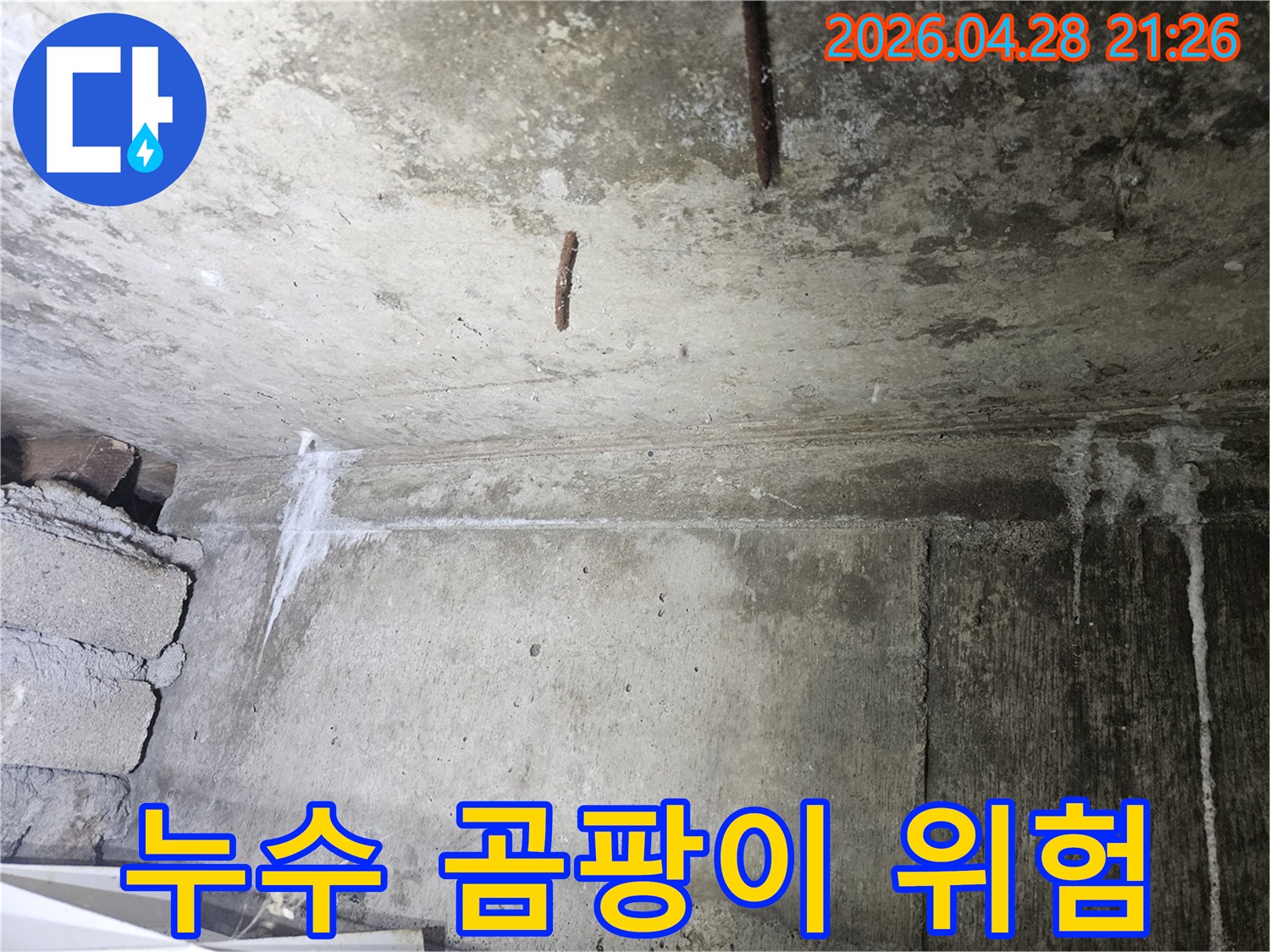 지속적인 누수로-인해-콘크리트 벽면에-습기가 차고-곰팡이가-발생할-위험이 있는-현장 모습입니다.