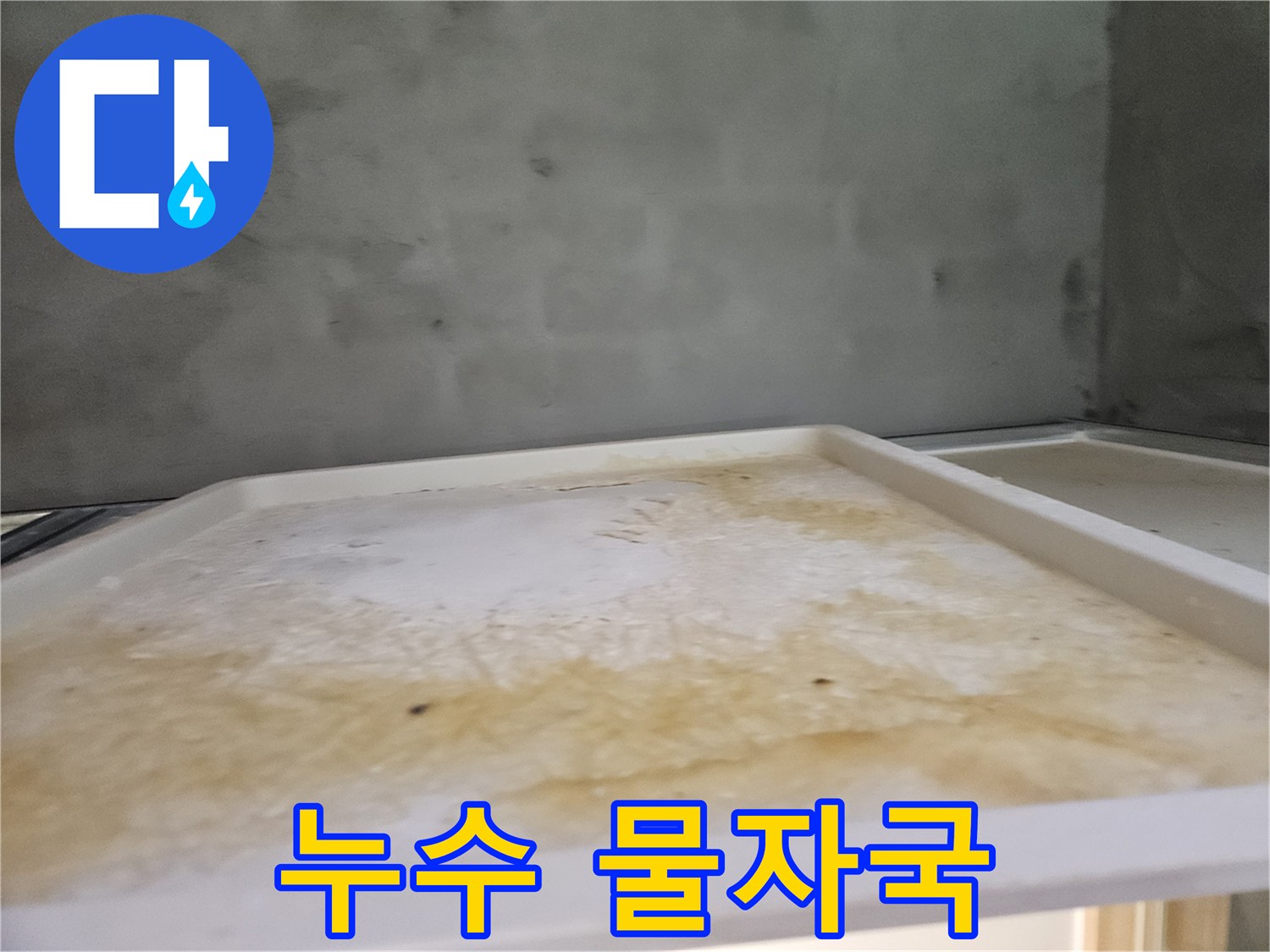 아래층 욕실 천장에서 발견된-누수 흔적을 보여주는 이미지입니다