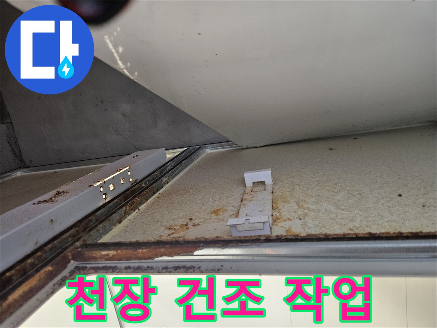욕실 천장 내부에서 누수 탐지 및 보수 후 건조 작업-습기 제거 및 곰팡이 방지