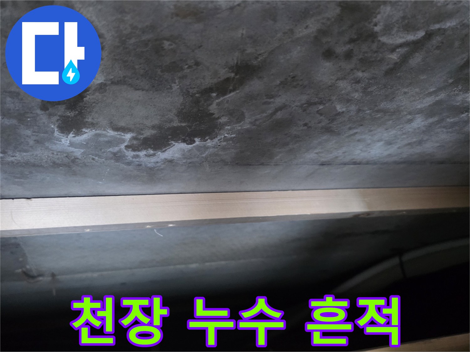 안양 비산동 거실 천장 슬래브의 누수 흔적 및 젖은 상태