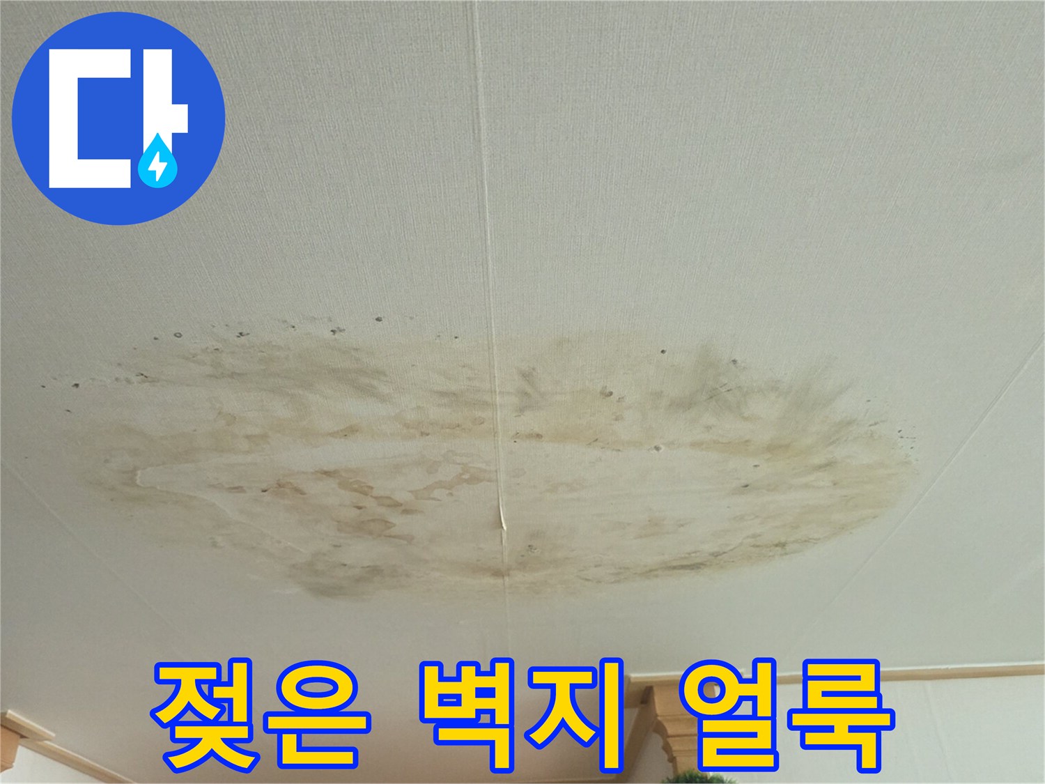 천장 마감재의 변색 부위-누수로 인해 습기가 머물러 있는 상태를 보여줌