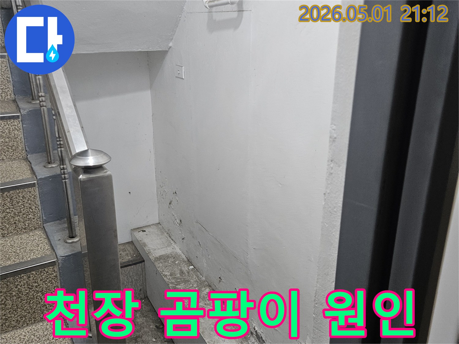 천장에 발생한 곰팡이가-누수와 관련이 있음을-보여주는 사진입니다
