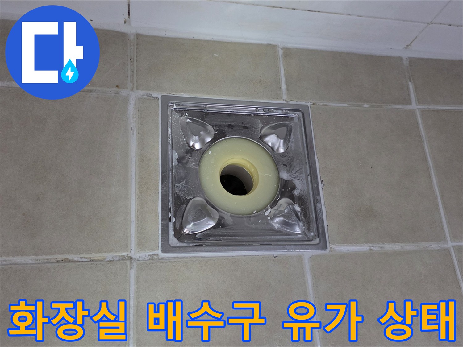 양주 화장실-배수구 주변의 타일 틈새와 유가 부속 상태를 보여주는 사진입니다.