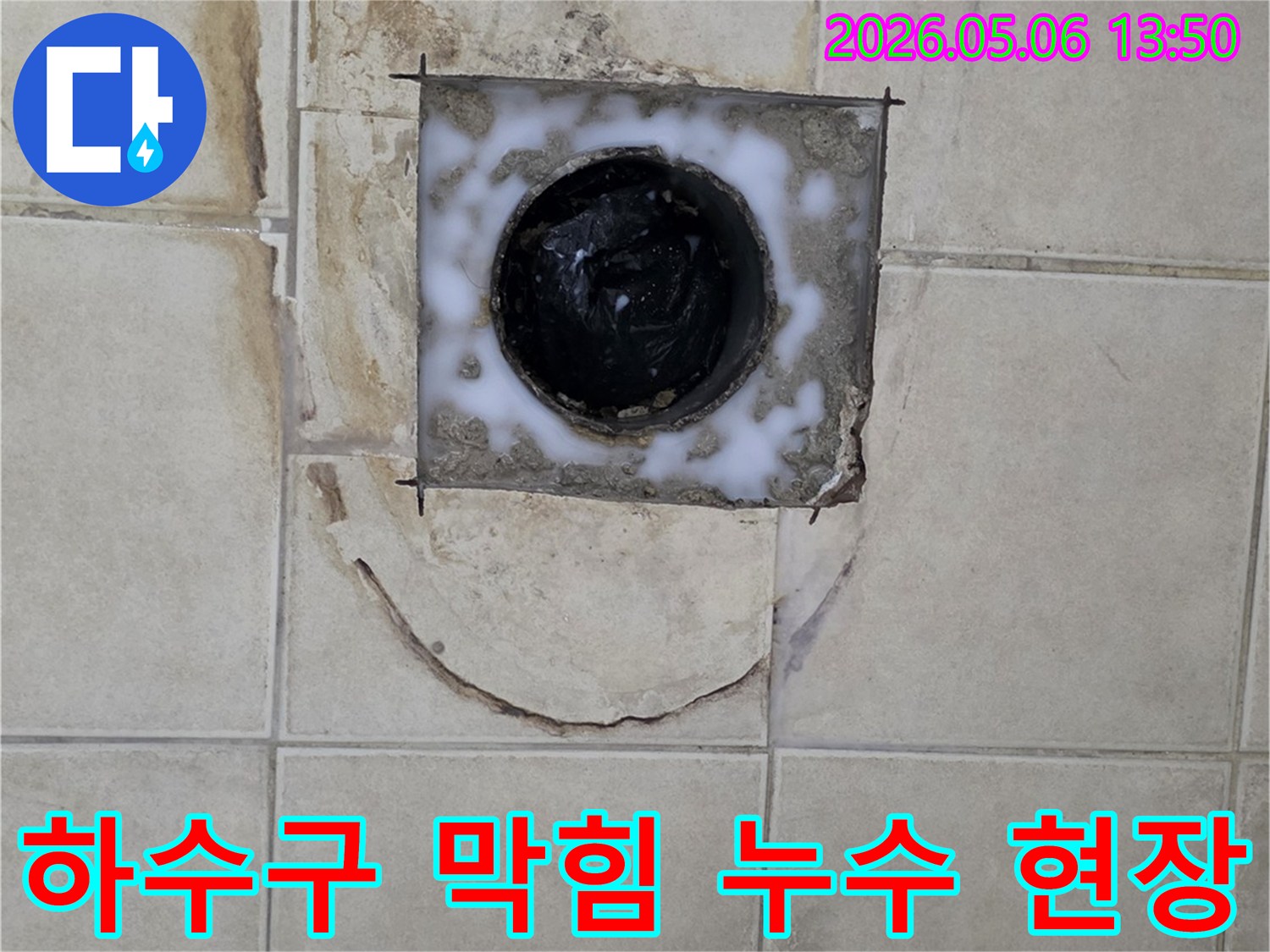 욕실 하수구 주변의 물 고임과 타일 손상을 보여주는 사진입니다-막힘과 누수가 동시에 발생했을 가능성이 있습니다.