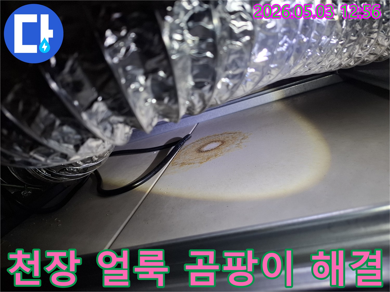 천장 마감재에 생긴 얼룩을-조명으로 비춰 곰팡이 문제 해결을 위한 진단을 진행하는 과정입니다.