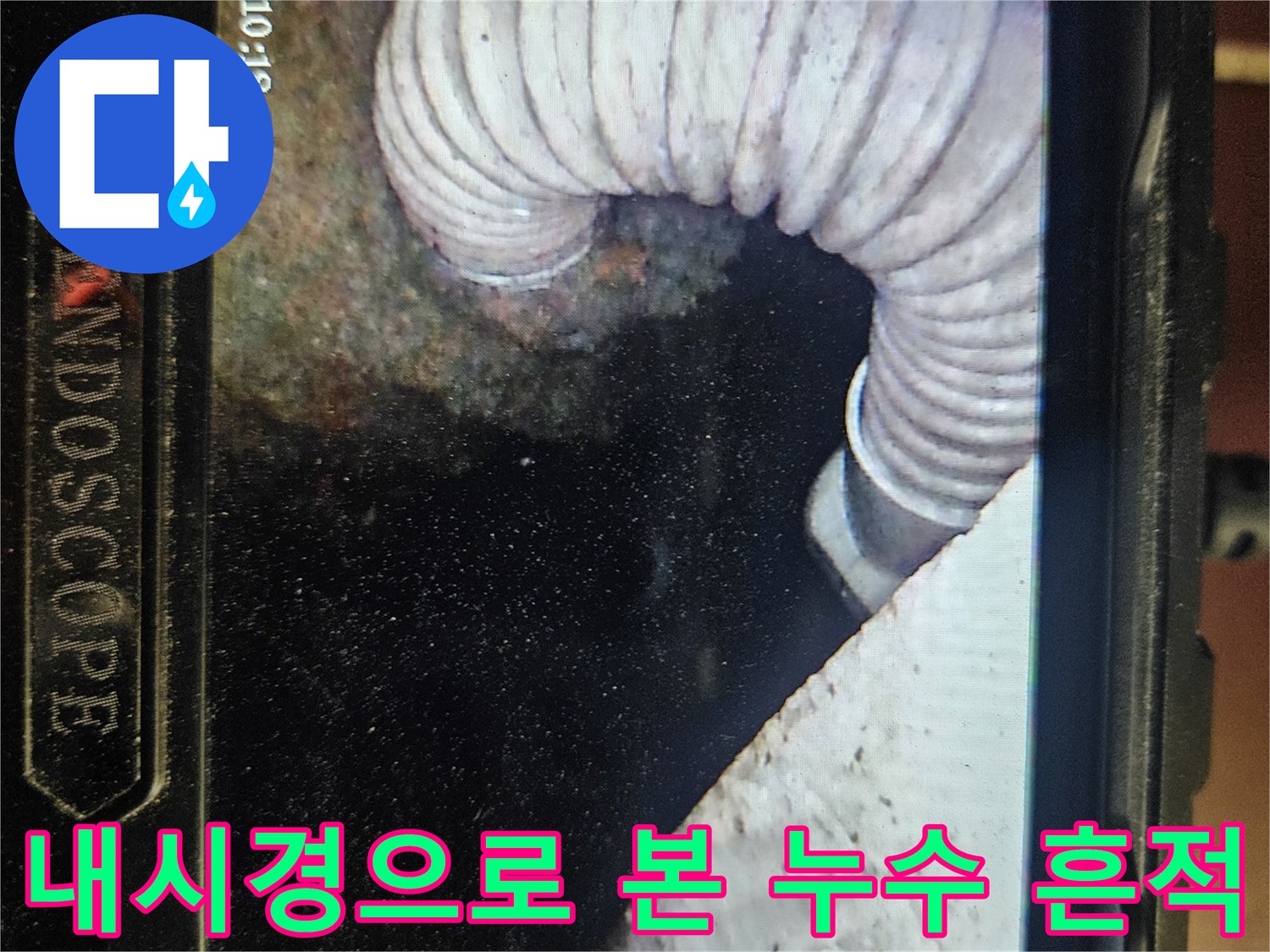 내시경을 통해 촬영한 젖은 배관과 오염된 천장 내부 모습