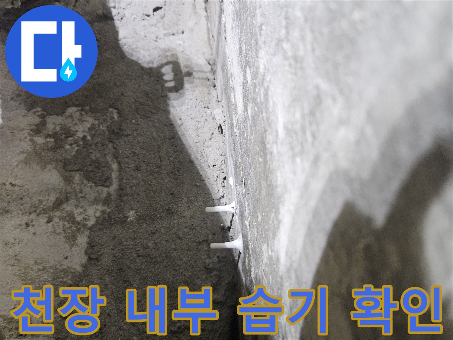 배관 주변의 젖은 콘크리트 면과 오염된 흔적 상세 촬영