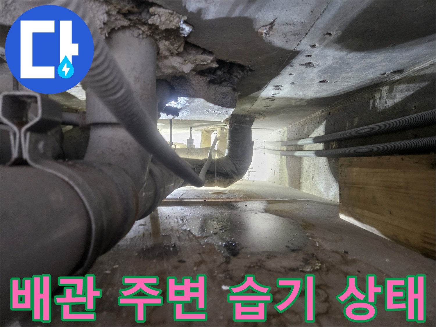 보일러 배관 주위의 젖은 바닥과 습한 천장 상태를 보여주는 사진입니다.