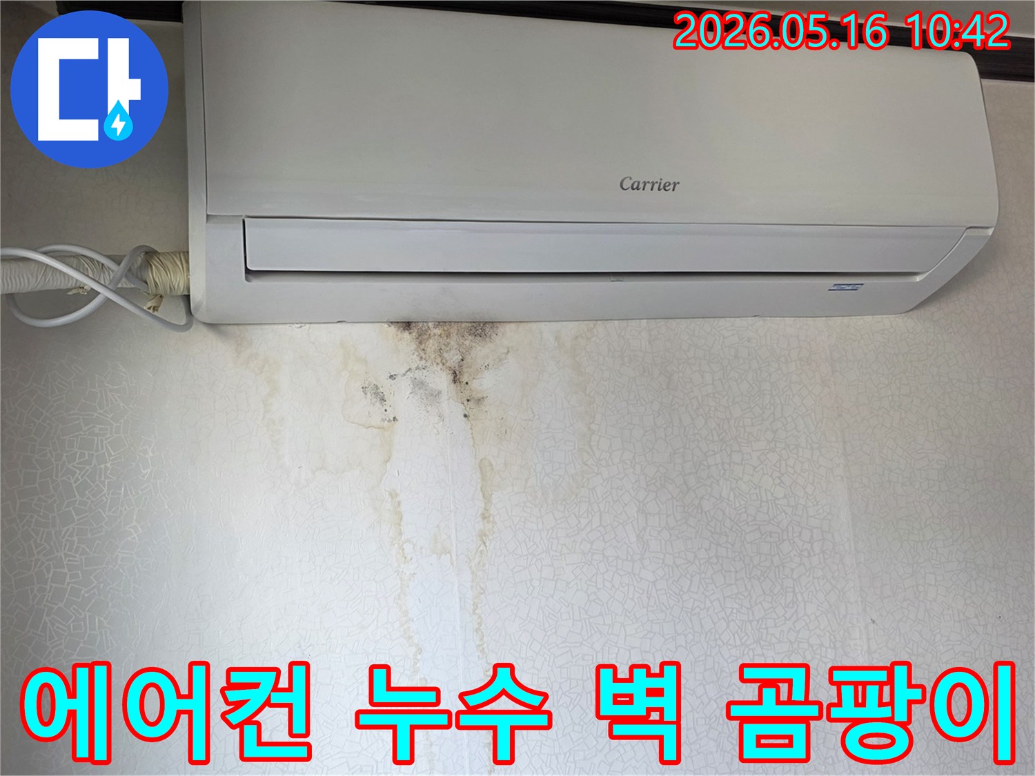 캐리어-에어컨-아래-벽지에-번진-심각한-누수-흔적과-검은-곰팡이