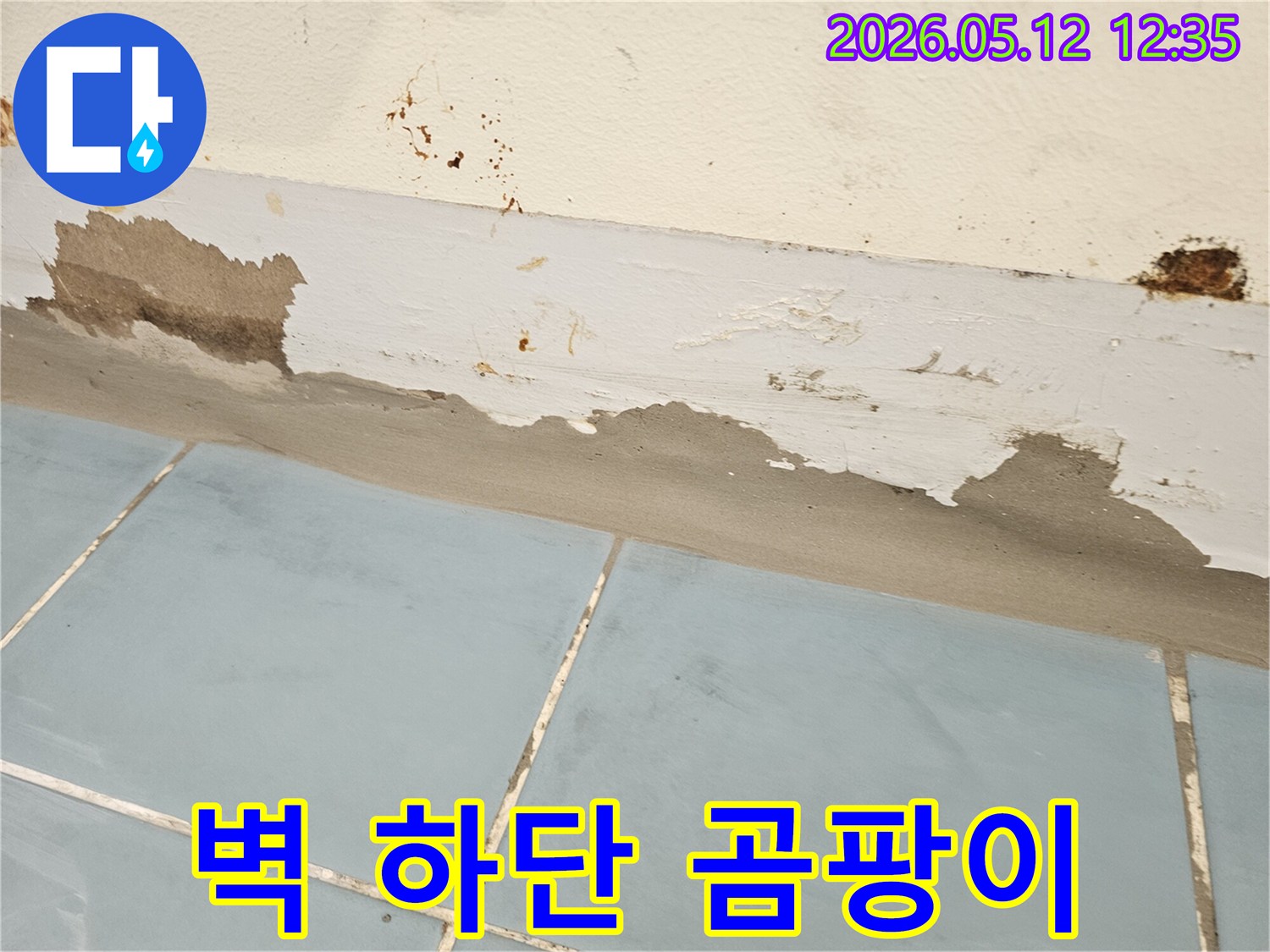습기가 지속적으로 유입되어-벽면이 젖고-변색된-누수 발생 부위의-클로즈업 이미지입니다
