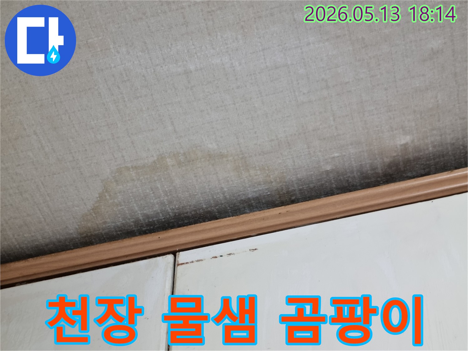 이 사진은-천장에 발생한-누수로 인해-물 자국과-곰팡이가-번진 모습을-보여줍니다