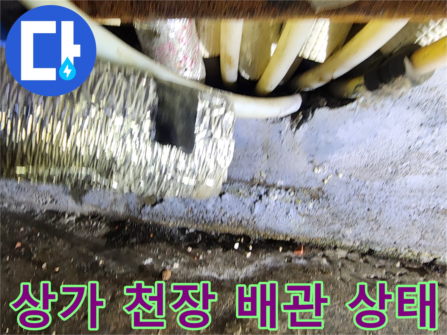 강서구 상가-천장 내부 배관과 젖은 콘크리트 모습