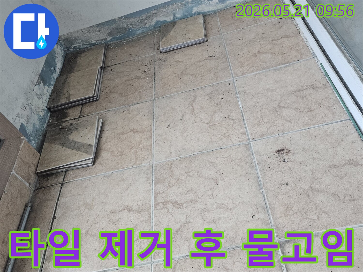 누수-전문가가-포천-신아포미재-아파트-누수-현장에서-타일을-제거하여-드러난-심각한-물고임-현장을-보여줍니다