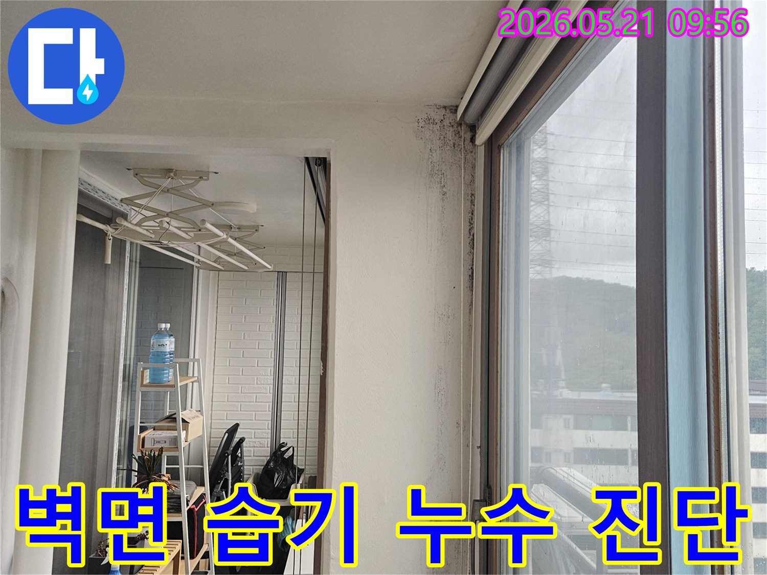 창문 모서리 벽면에 습기로 인한 검은 곰팡이와 물-얼룩이 심하게 발생한 모습으로-누수 원인 진단이 시급합니다.